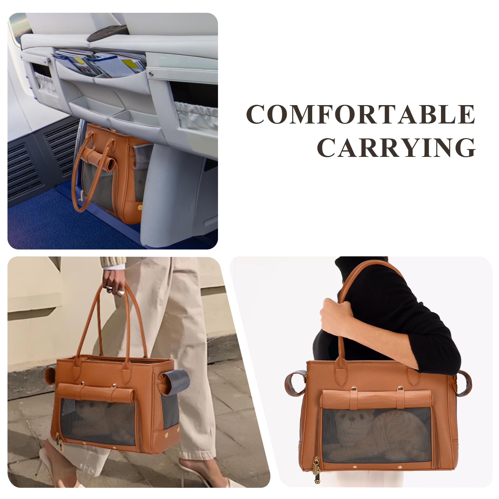 Bolso de transporte de mascotas para gatos y perros pequeños, bolsa de lujo de poliuretano de lados suaves con bolsillos grandes para perros y cachorros (marrón, 15.8 pulgadas de largo x 7.5 pulgadas