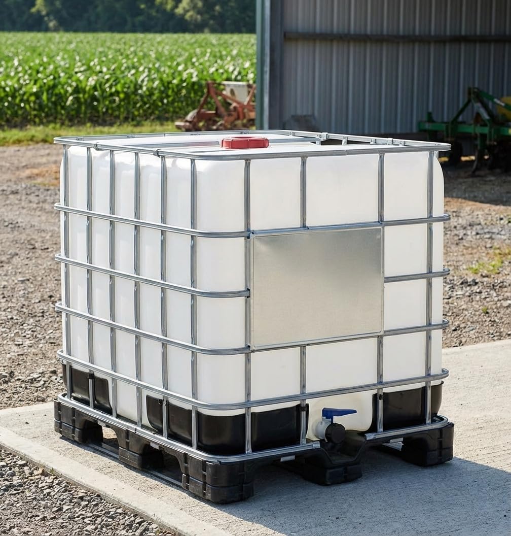 Depósito de agua 1000 litros IBC con palet. Contenedor para transporte de liquidos, 120x100x117 cm, blanco