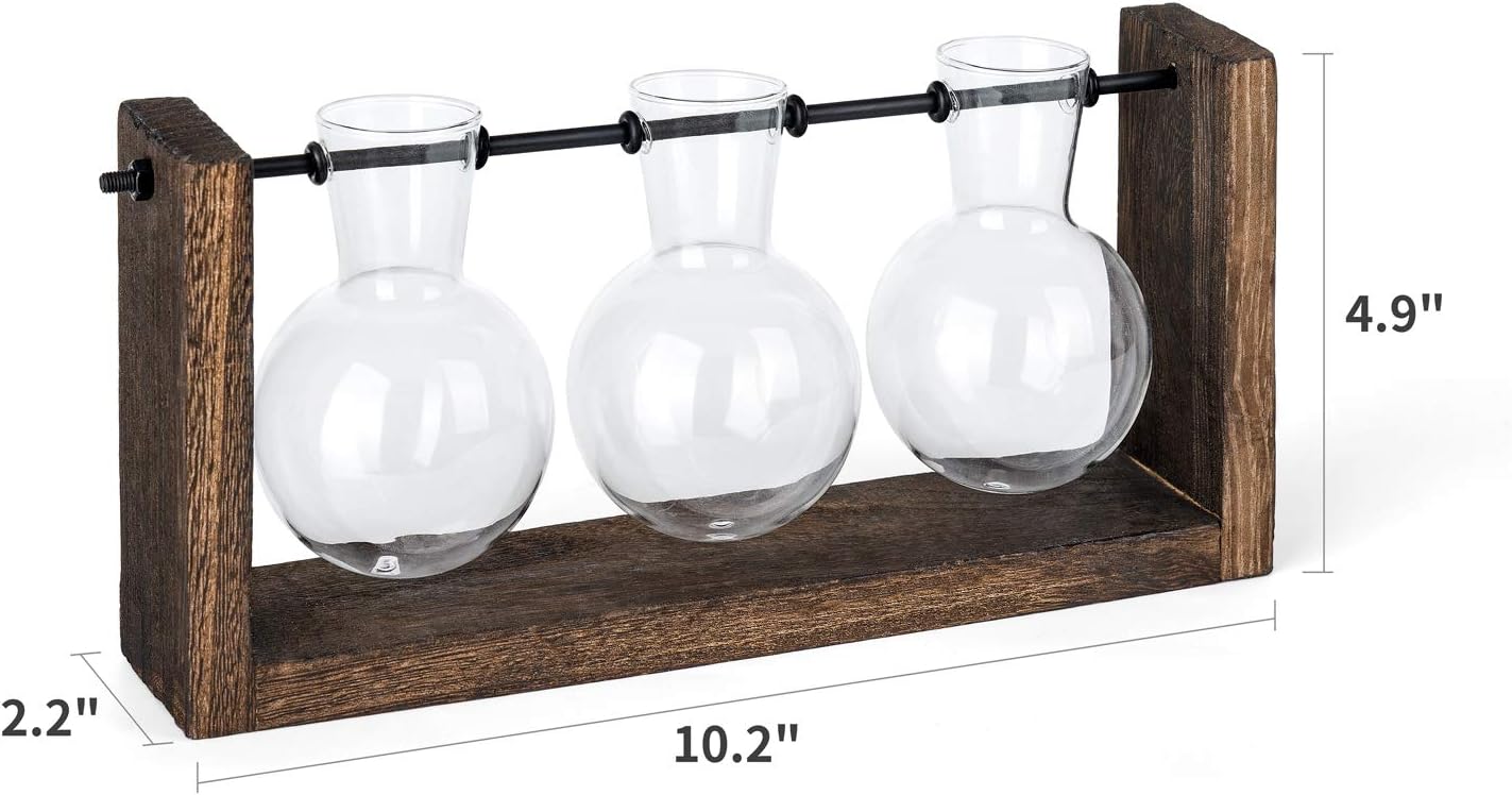 Mkono Plant Propagation Station with Wooden Stand, Wall Hanging Glass Planter Tabletop Terrarium Bulb Vase for Hydroponics Plants Home Office Decor