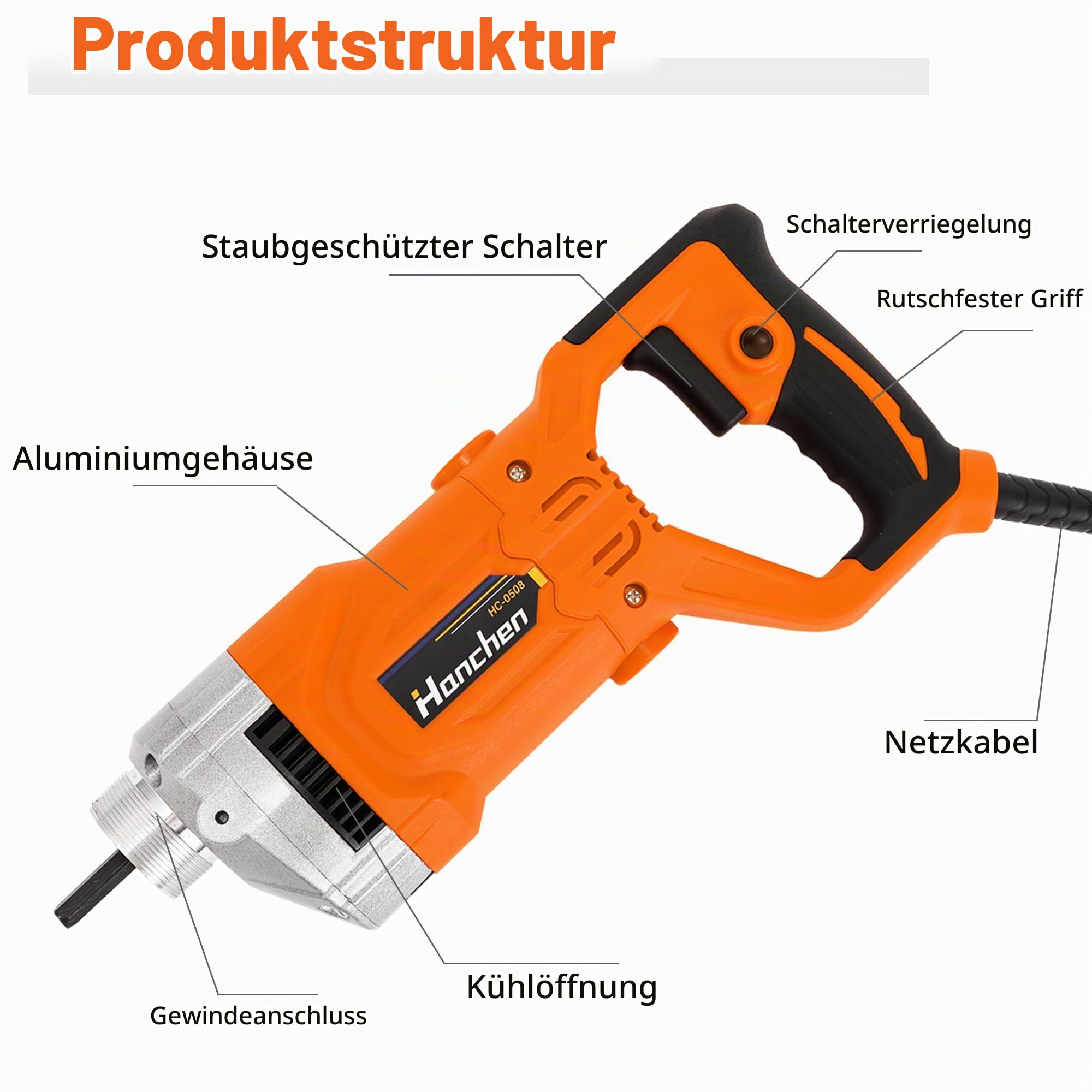 Hanchen Elektrischer Betonrüttler 1280W Flaschenrüttler Profi Industiraler Betonvibrator zum Einführen in nassen Beton | 1,5m Schlauch, Φ 35mm