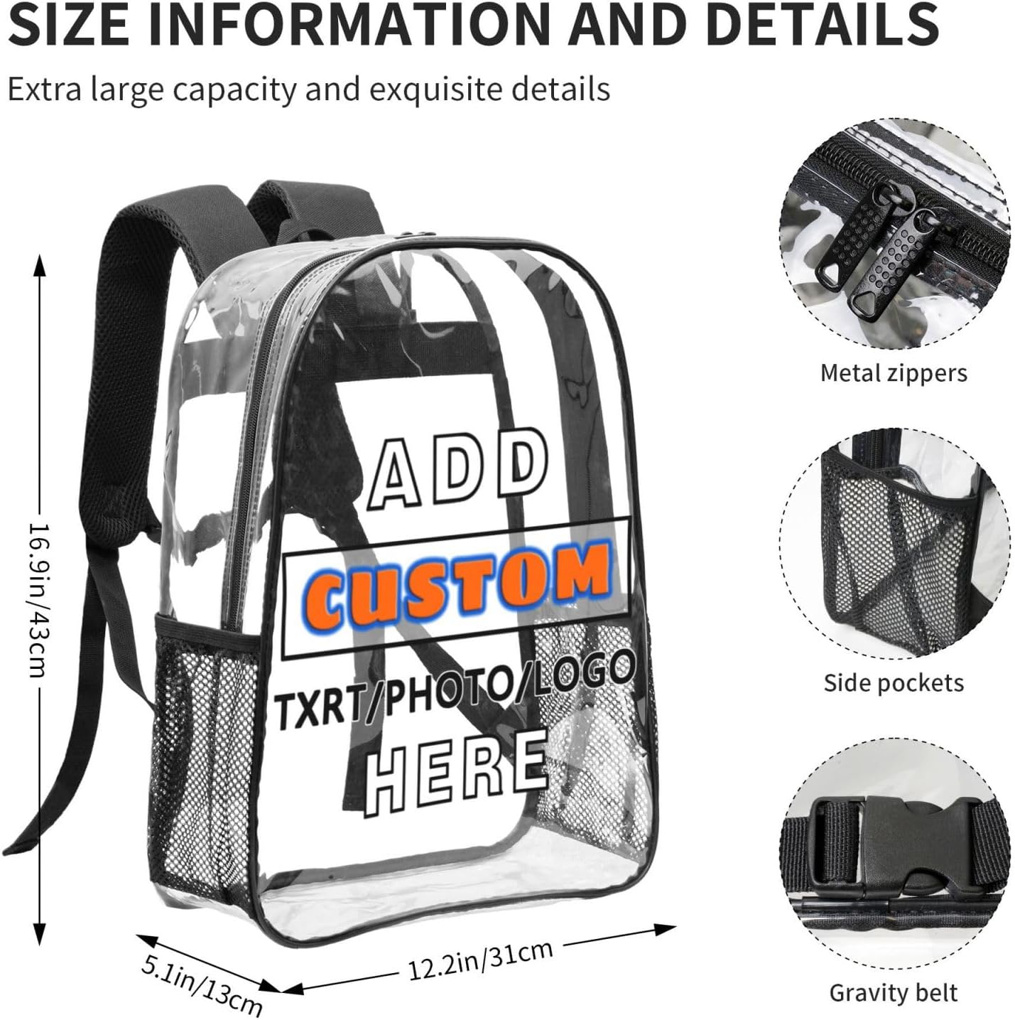 Custom Transparent Backpack Customize Your Photo Text Logo Name Laptop Bag image 3