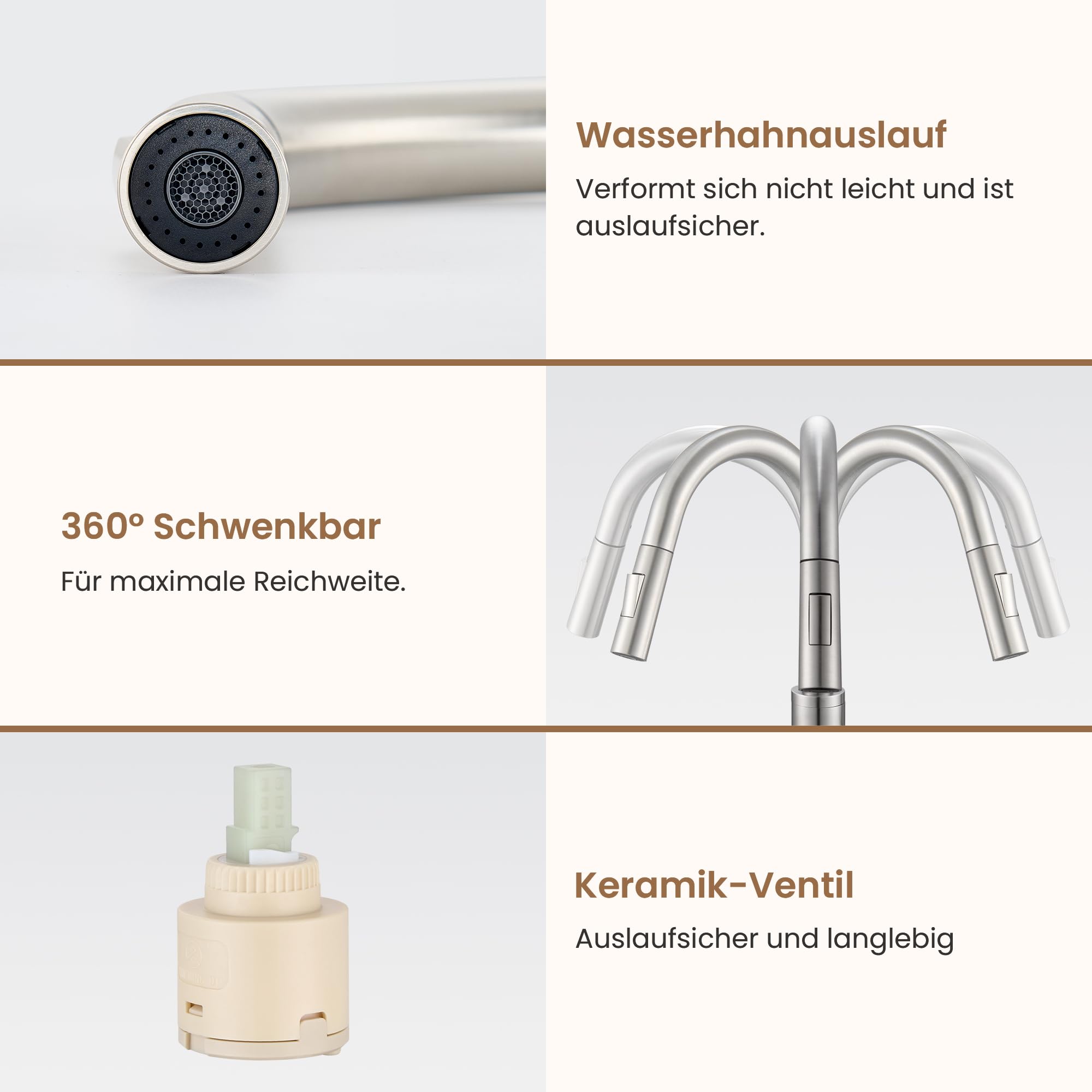 KPW Küchenarmatur Edelstahl Gebürstet Nickel mit Herausziehbarer Brause | Spültischarmatur mit Hohem Auslauf, Einhand-Mischbatterie für Küche, 1-Loch-Montage, inkl. Flexibler Anschlussschläuche