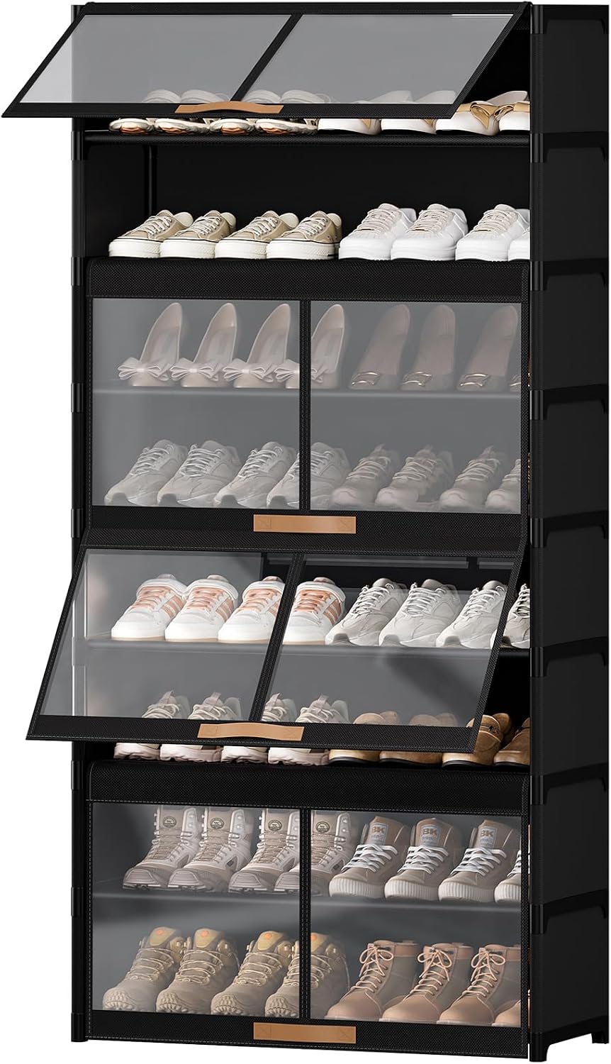Shoe Rack, 7 Tier Shoe Storage Cabinet with Doors, 28 Pair Shoe Shelves Organizer for Entryway Closet, Plastic Shoe Shelf with Metal Frame for Bedroom Hallway, Black
