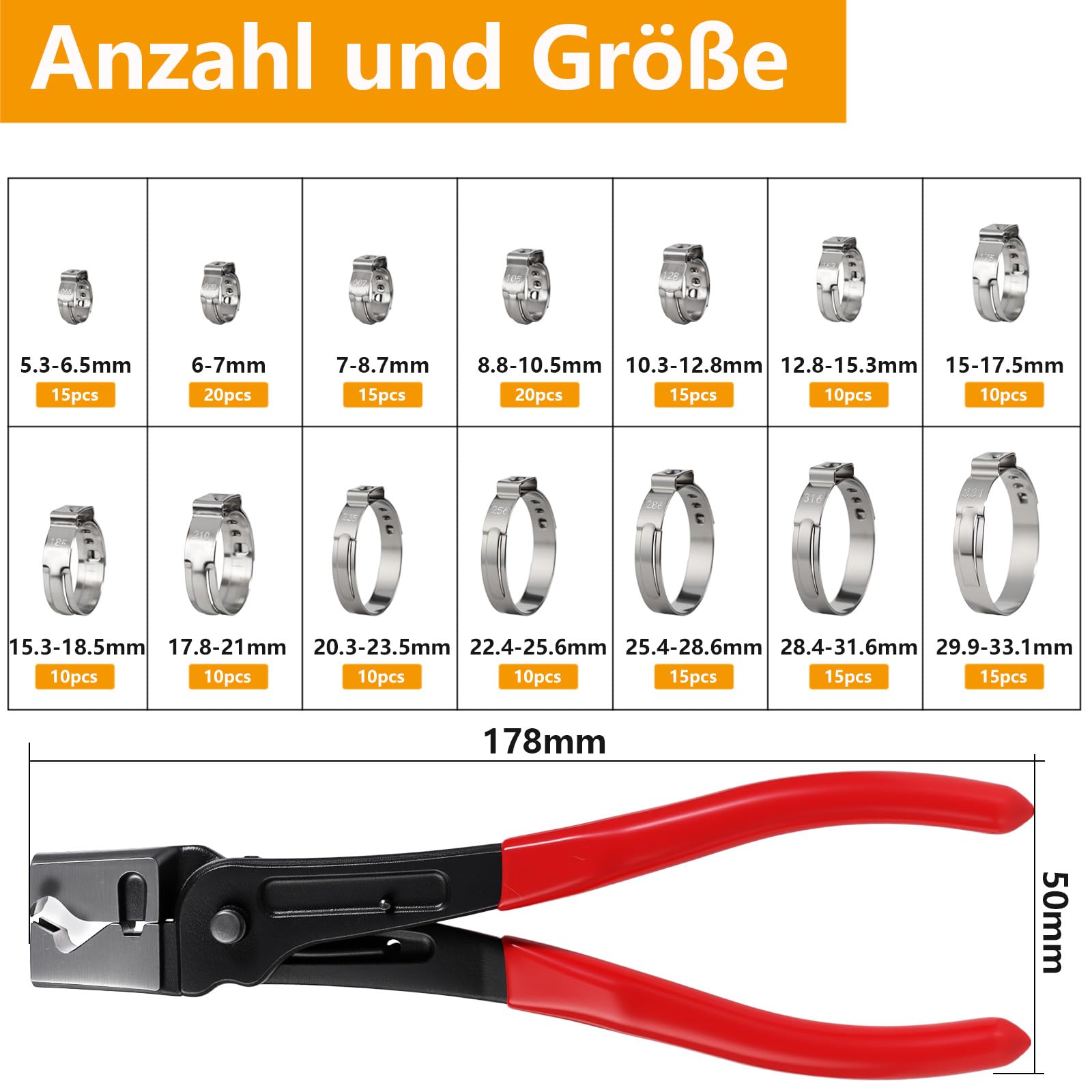 160PCS Einohr Schlauchschellen Set aus Edelstahl Schlauchklemmenzange – 14 Größen (5,3–33,1 mm) für Auto, Haushalt, Garten & Sanitär