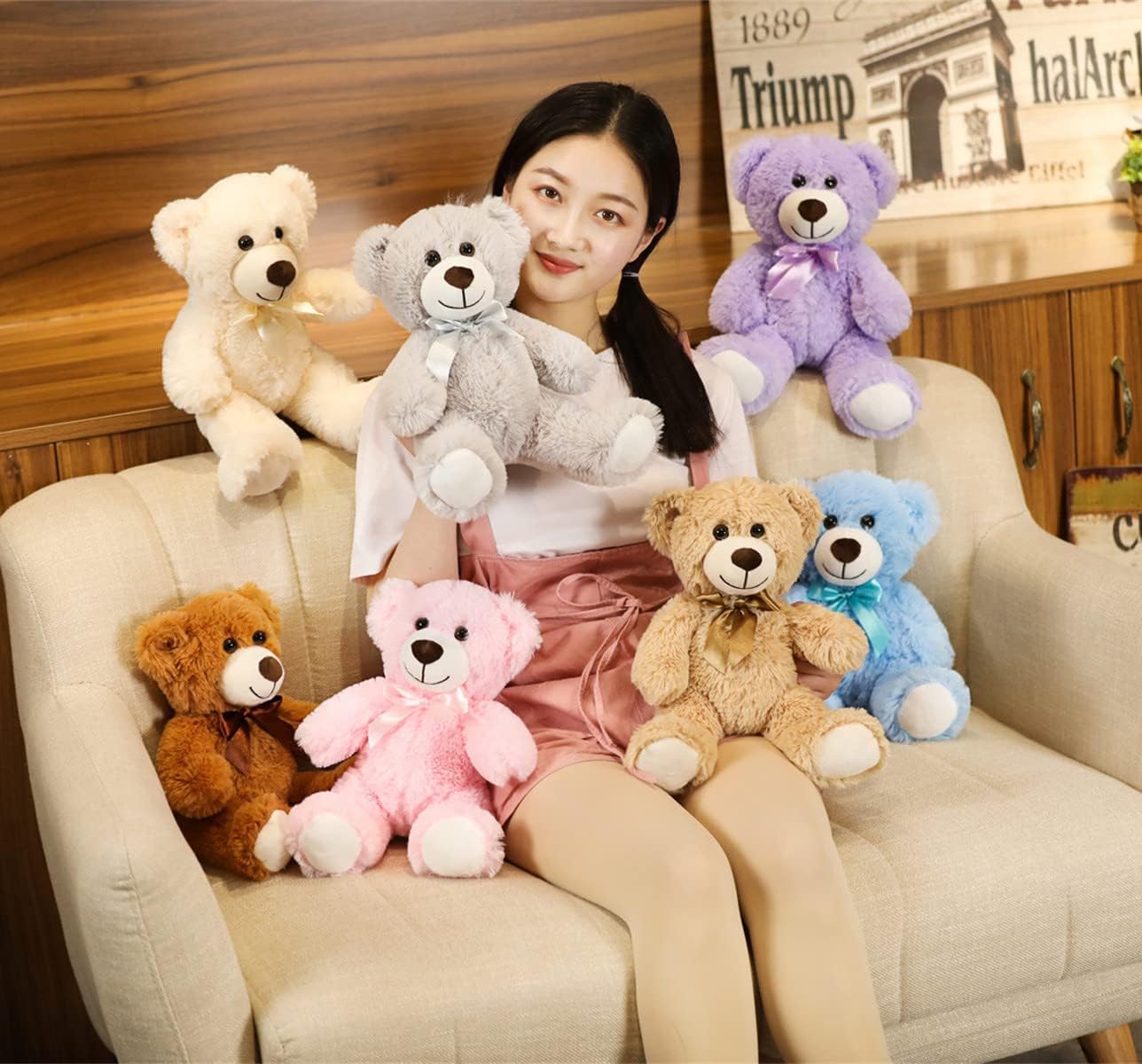 Plush Teddy Bear Cute Stuffed Animal Bear with Bow Plush Toys 13.8 Inches(Khaki,6pcs)