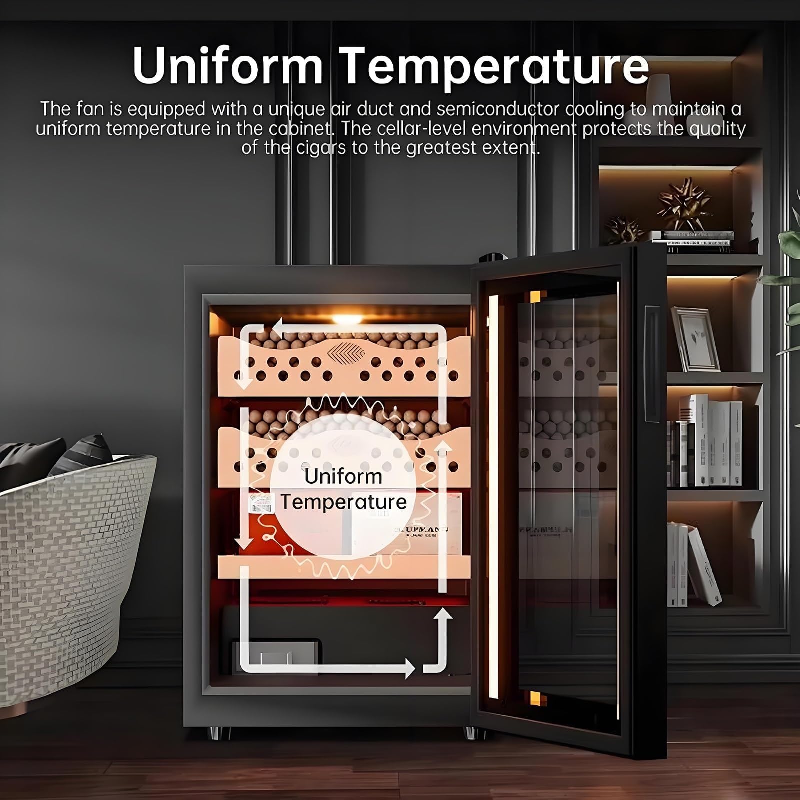 Elektrischer Zigarren-Humidorschrank, 50L Kapazität, intelligente Temperaturregelung, leise konstante Temperatur 11~18°C, hält bis zu 300 Zigarren mit 4 Schichten