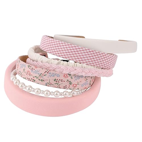 Drnytunk Women's Pearl Floral Padded Wide Bandana Headbands, Vintage Hair Accessories, Pink - Pink