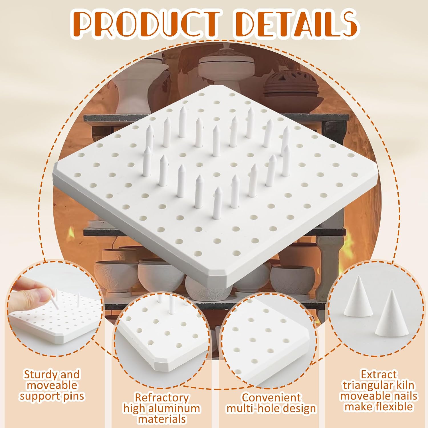 Halandar 1 Pack Ceramic Refractory Kiln Pad, High Temperature Resistant 1350°C Pottery Firing Mat with 60 Support Stilts & 5 Pyramid Nails, Reusable Kiln Furniture for Ceramics, Clay Art, Studio