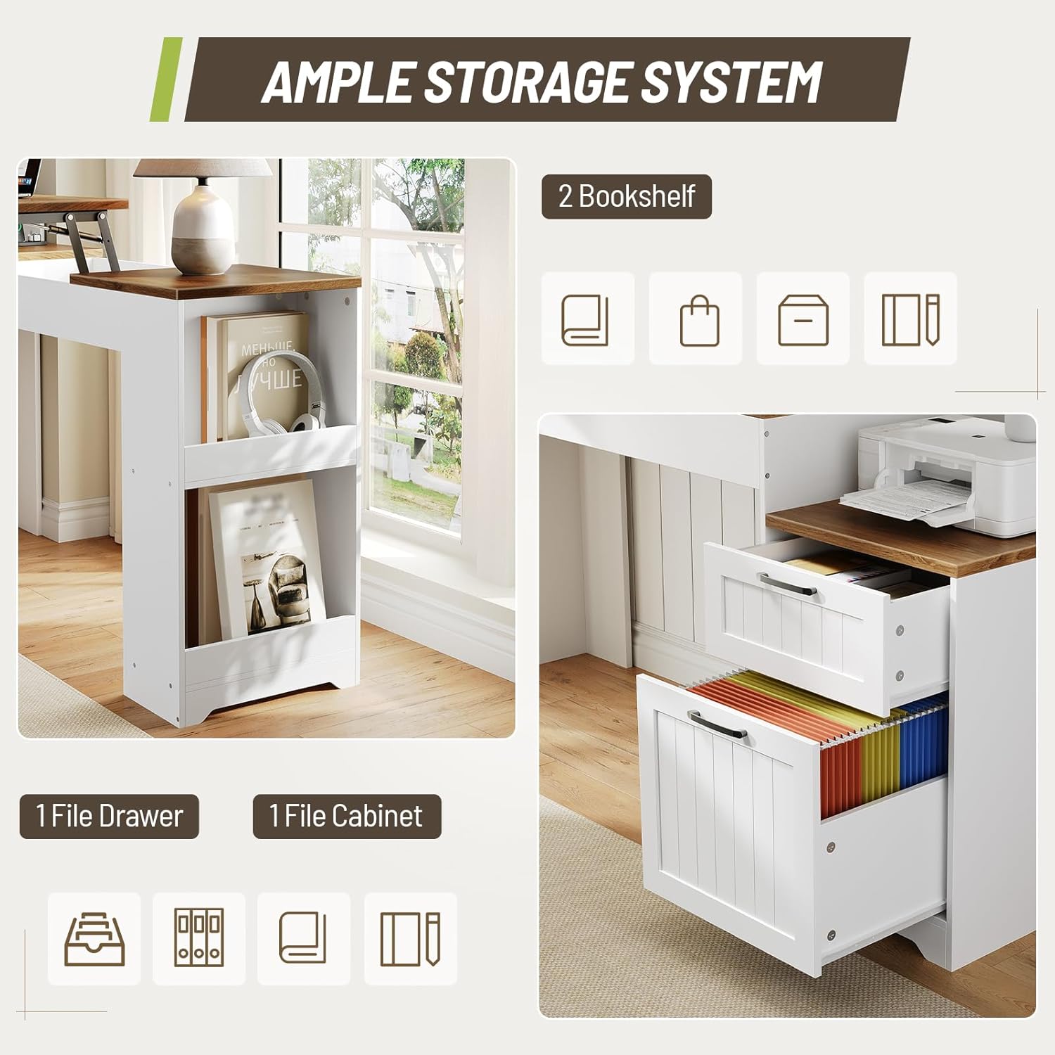 Farmhouse 63" L Shaped Standing Desk, Corner Computer Desk with Drawers, Office Desk with File Drawers with RGB Lighting & Charging Station, Monitor Stand and Storage Shelves, White and Walnut