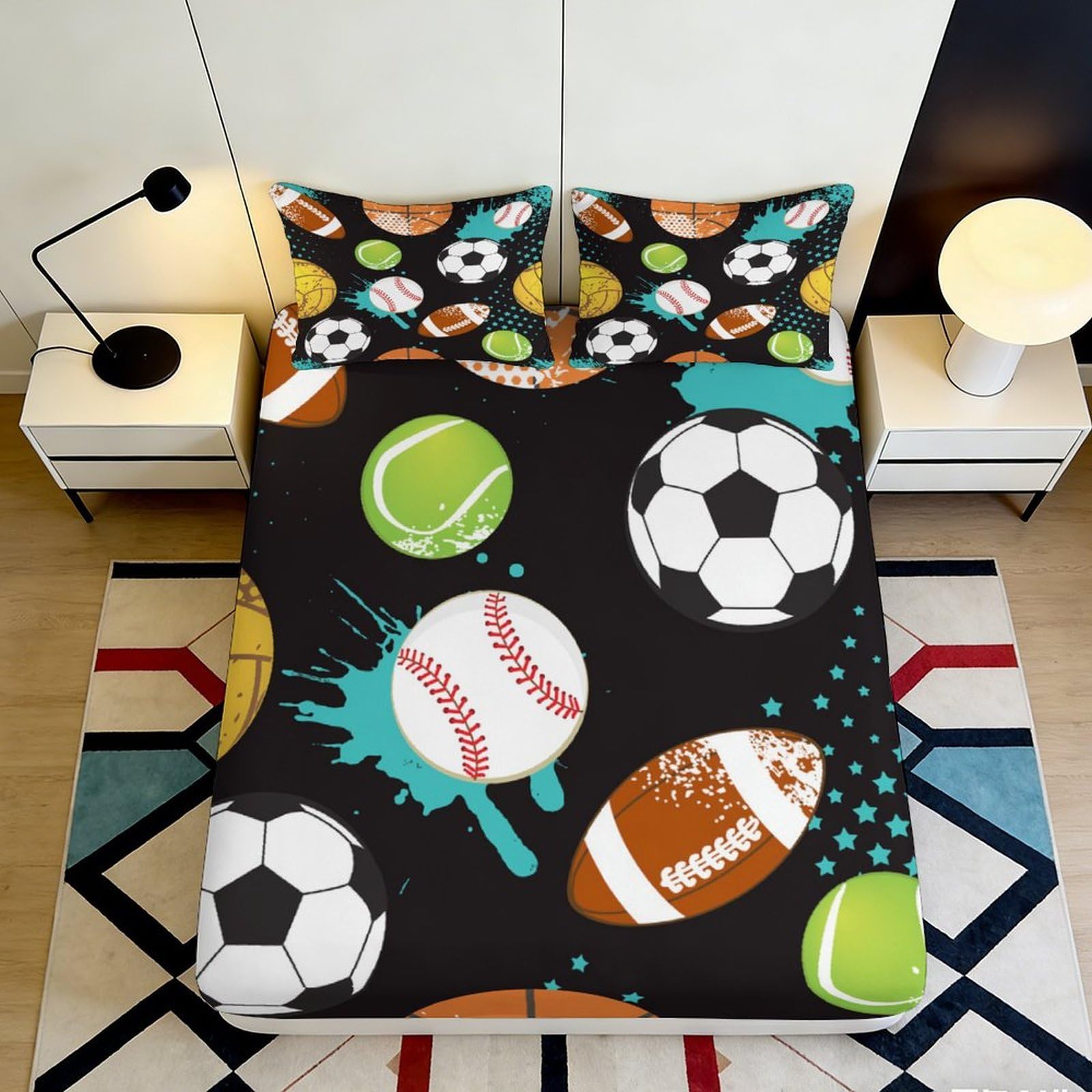 3D Printed Sports Theme Fitted Sheet Microfiber Deep Pocket Non-Slip Football Mattress Fitted Cover for Bedroom 180x200x25cm