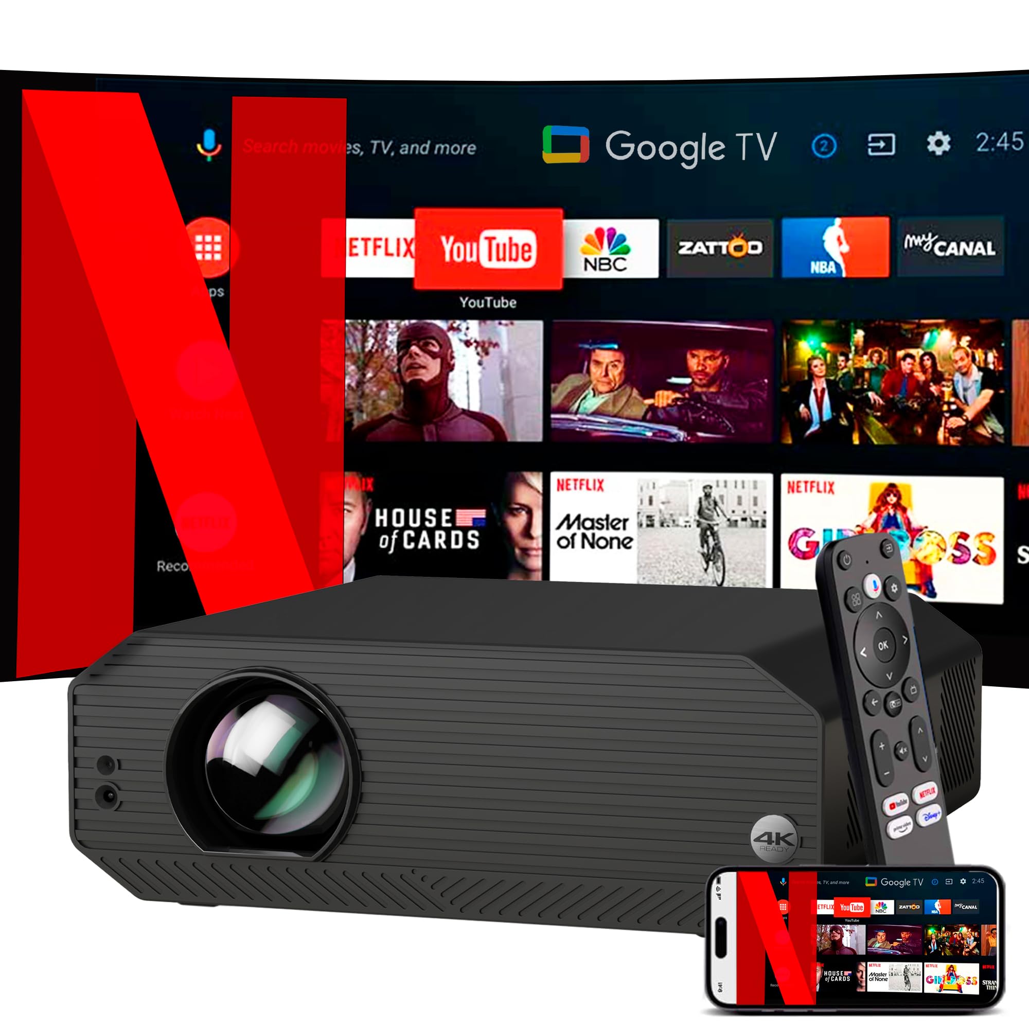 Vidéoprojecteur 1800 ANSI lumens, home cinéma et présentations, mise au point motorisée, Keystone 4D, zoom numérique, HDMI, USB-C, jack 3.5, haut-parleur 10W (GoogleTV licencié)