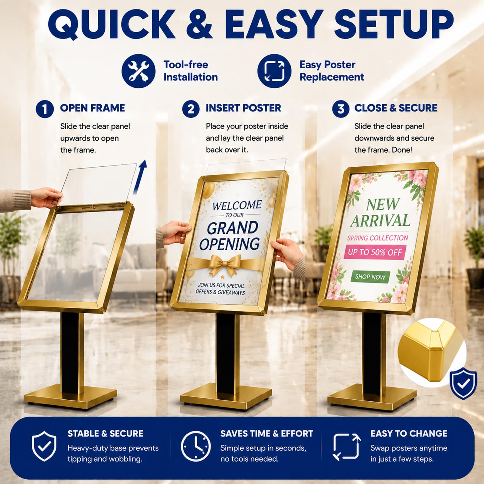 Soporte para Carteles de 50 x 70 cm, Resistente, Ajustable Vertical y Horizontalmente, para Centros Comerciales, Escuelas, Restaurantes, Tiendas y Oficinas Gold-24 * 32in