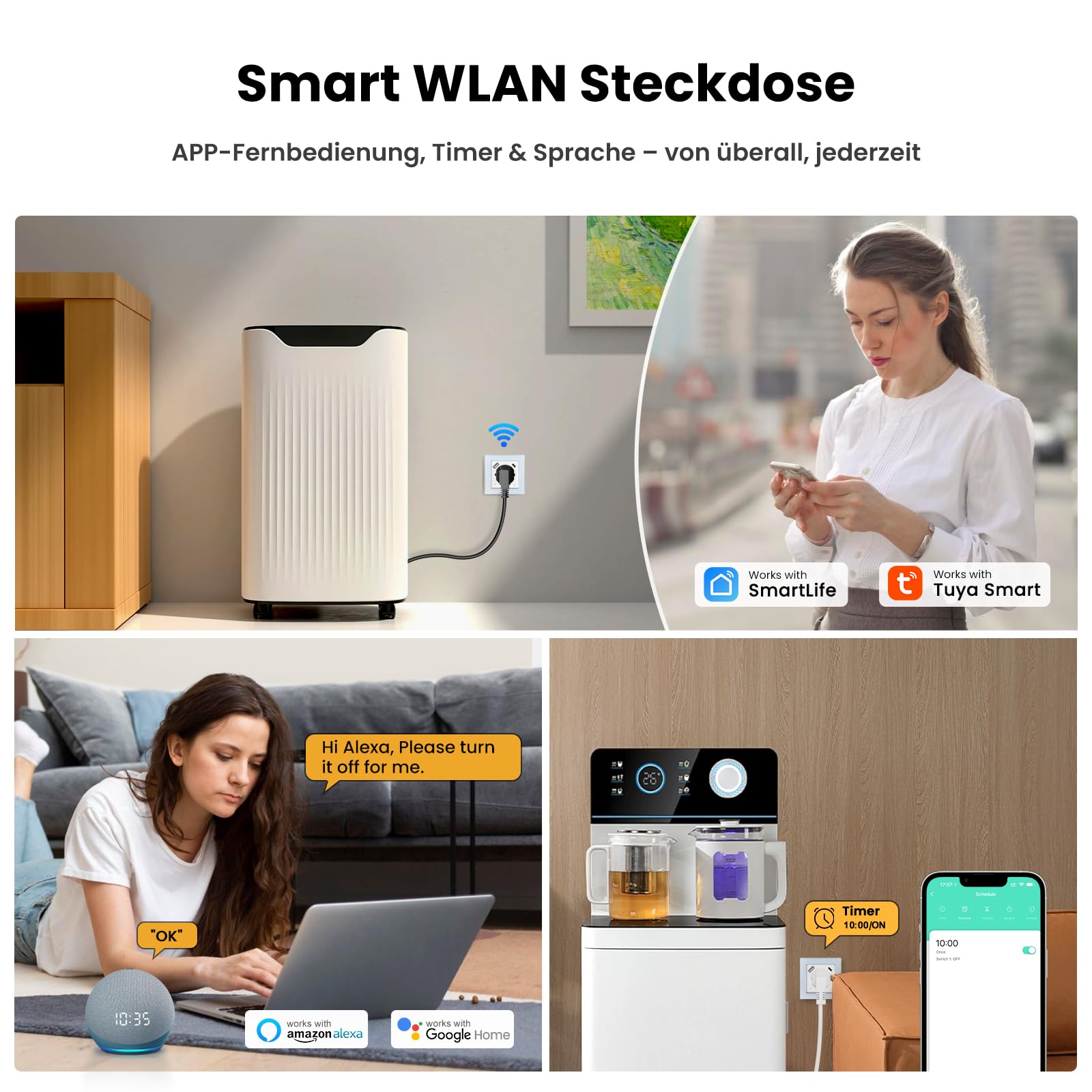 MIUCDA Prise Schuko Wi-Fi avec USB et type C PD 20 W, chargeur rapide, système intelligent encastré 55, prise murale avec mesure de courant, minuterie, commande vocale compatible avec Alexa/Google