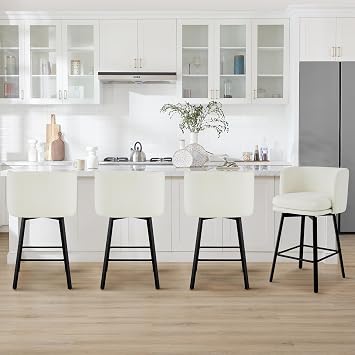 26" H Counter Height Swivel Bar Stools Set of 4, Barrel Counter Stools with Backrest, Linen Fabric Upholstered Barstools with Metal Legs for Kitchen Island,Beige