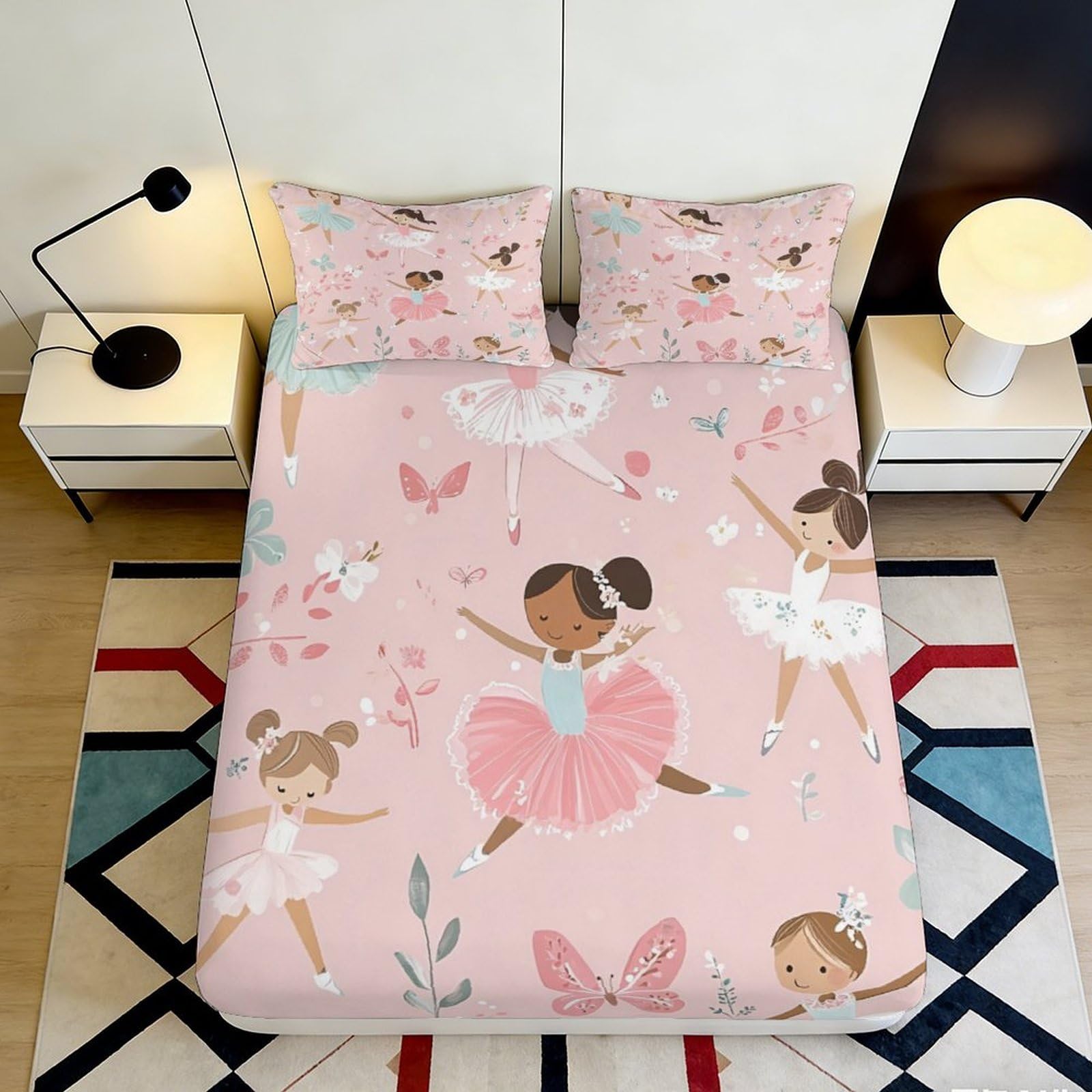 3D Printed Ballet Dancer Fitted Sheet Microfiber Soft Pink Butterfly Bed Cover for Bedroom Guest Room Mattress Protection Decor 90x200x25cm