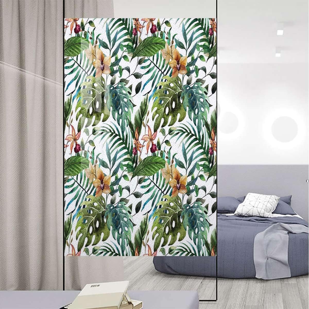 Light Caramel and Green Frosted Glass Film for Windows & Doors Banana Palm Tree Leaves Flowers Window Film Sun Blocking Glare Reduction Leaf 35.4Wx78.7L-inch