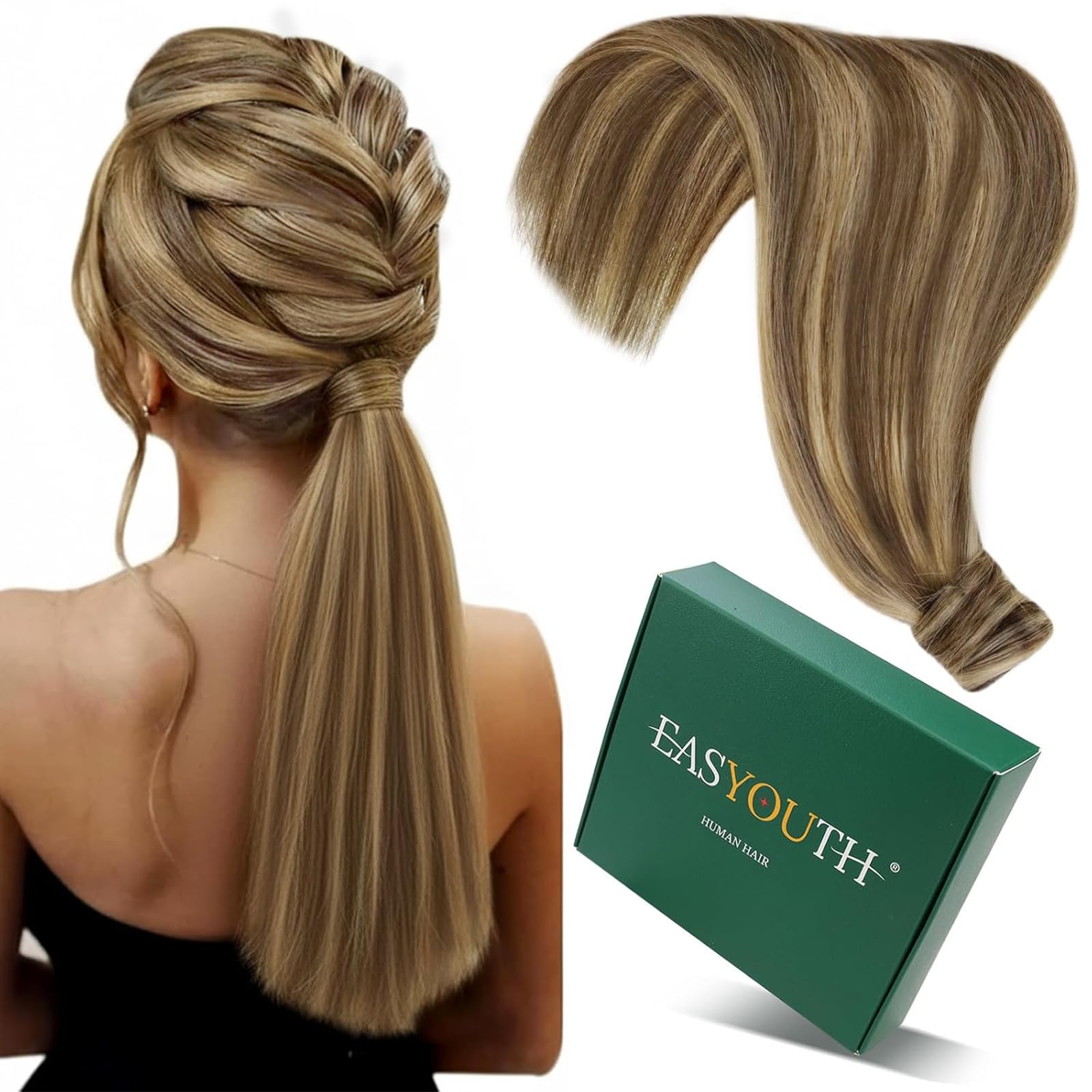 Easyouth Pony Tail Extension for Women Brown Ombre 20Inch 80G Natural Looking Ponytail Extensions Dark Brown Highlights Honey Blonde Clip in Ponytail