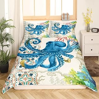 Ocean Kraken Duvet Cover Octopus Bedding Set for Kids Boys Girls Teens Room Decor Tentacles Comforter Cover Set Sealife Sea Animal Blue Green Bedspread Cover Full Size Bedspread Cover 3Pcs