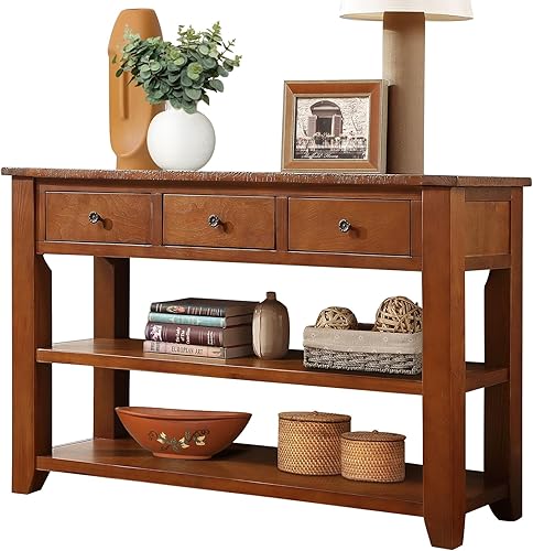 Miniatura 16 de Mesa consola de madera maciza de 48 pulgadas, mesa de sofá de madera de pino con cajones de almacenamiento y estantes, mesa de entrada retro para