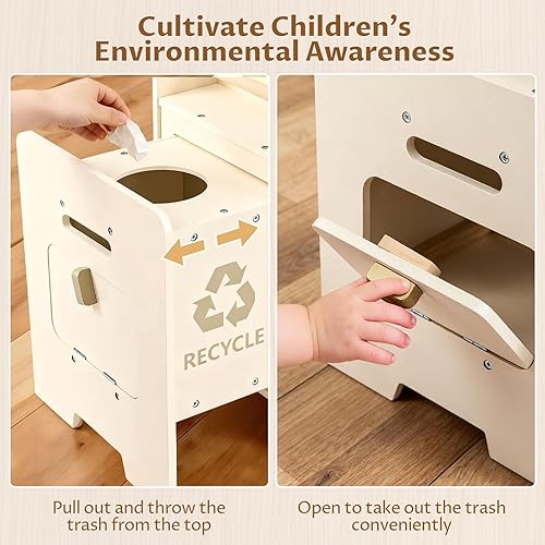 Miniatura 3 de INFANS Juego de cocina esquinera para niños, juego de cocina de madera con campana extractora, contenedor de basura, gabinete de almacenamiento de