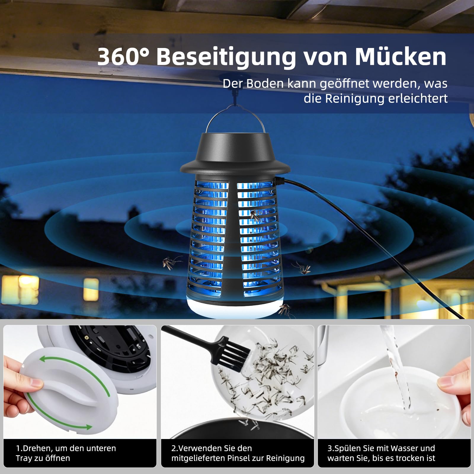 Insektenvernichter Elektrisch, leistungsstarke 4250V Hochspannung Fliegenfalle Elektrisch, effektives 20W UV Licht Mückenfalle, mit LED Basisbeleuchtung, IPX4 Wasserdicht für Innen und Außen