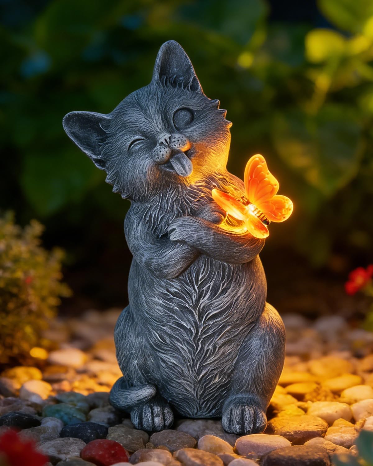 Solar Cat Garden Statue Outdoor Decor 10 Inch with LED Butterfly Light, Resin Cat Decor for Yard Patio Porch Lawn Balcony, Solar Garden Decor, Gifts for Mom Grandma Women