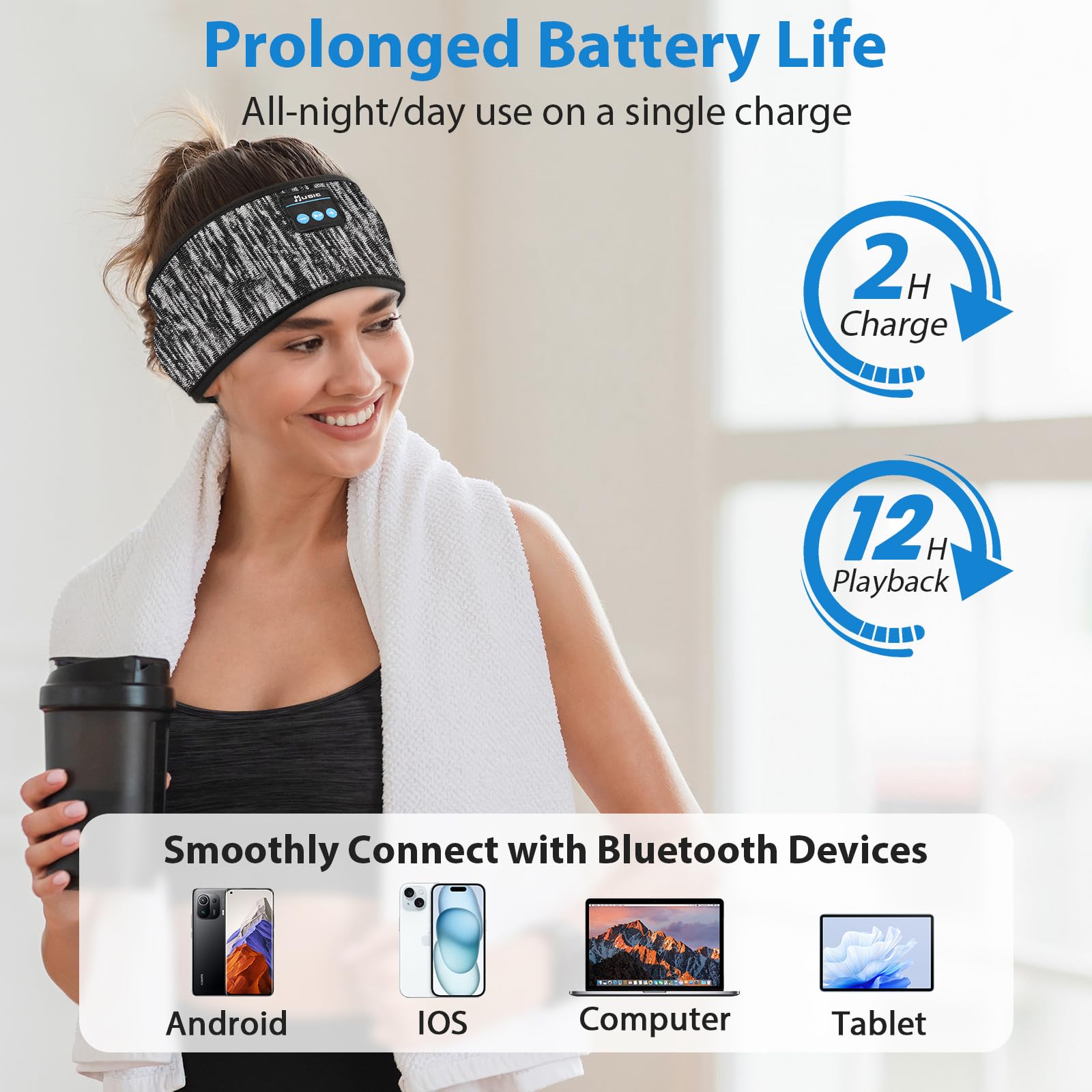 Adjustable Sleeping Headphones, Headband Headphones, Hook-and-Loop Bluetooth Headband with Thin Speakers for Yoga, Running, Workout, Travel, Gift 3