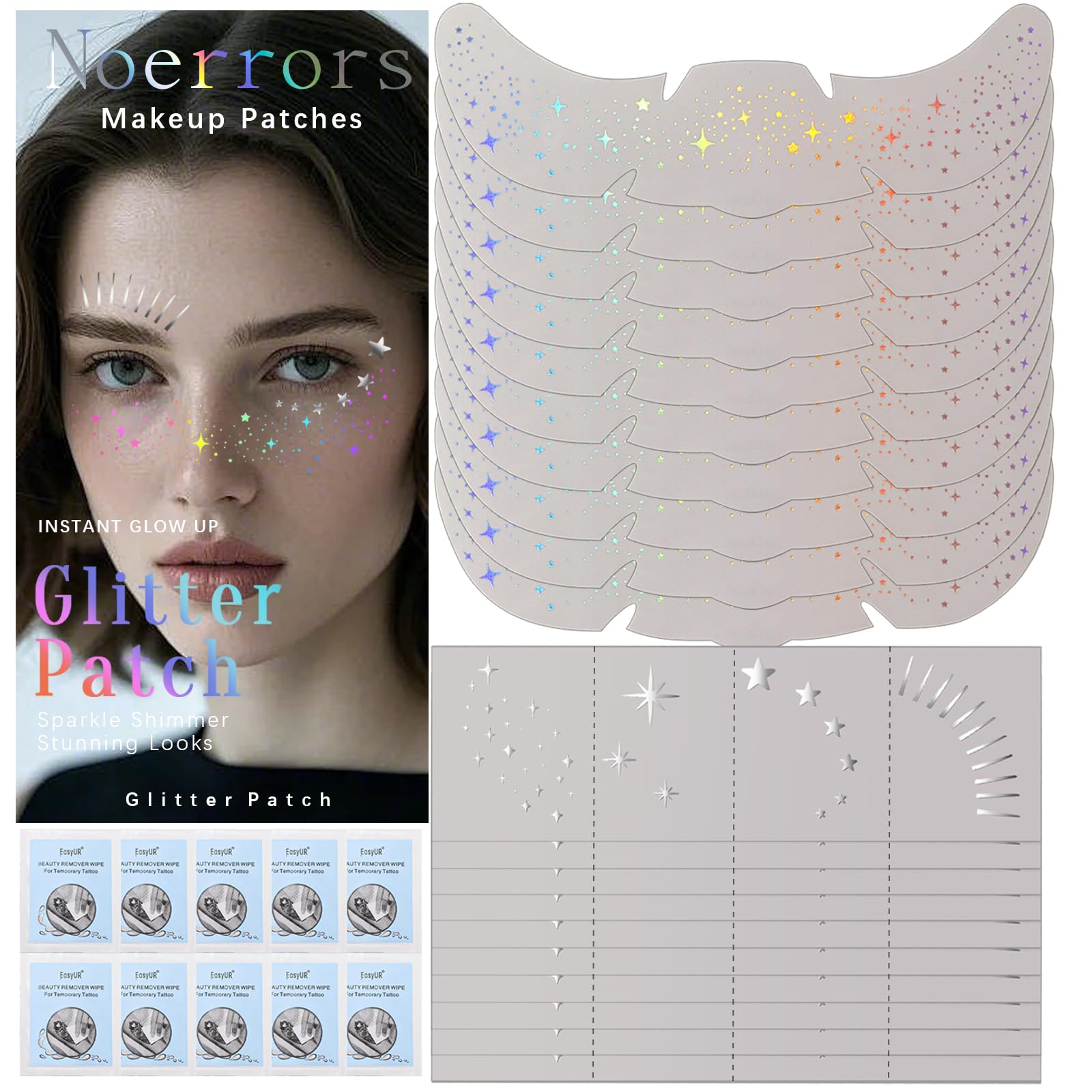 Noerrors 20PCS Glitter Freckles Face Tattoo, Multichrome Holographic Silver Sparkle Faux Freckles Face Glitter Patches