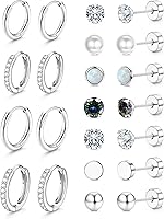 Jstyle Hypoallergenic Silver Stud Hoop Earrings Set for Sensitive Ears - Surgical Steel Flat Back Cartilage Piercing Stacks