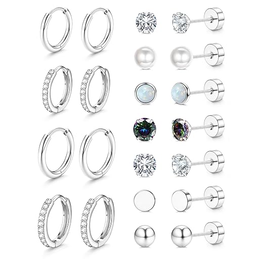 Jstyle Hypoallergenic Stud Hoop Earrings for Women Small Flat Back Surgical Stainless Steel Earrings for Sensitive Ears Trendy Silver Hoops Cartilage Earring Stacks Set Multiple Piercing Jewelry Gifts