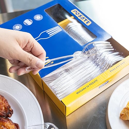 Miniatura 4 de POSATE Tenedores de plástico resistentes, transparentes desechables, paquete de 60