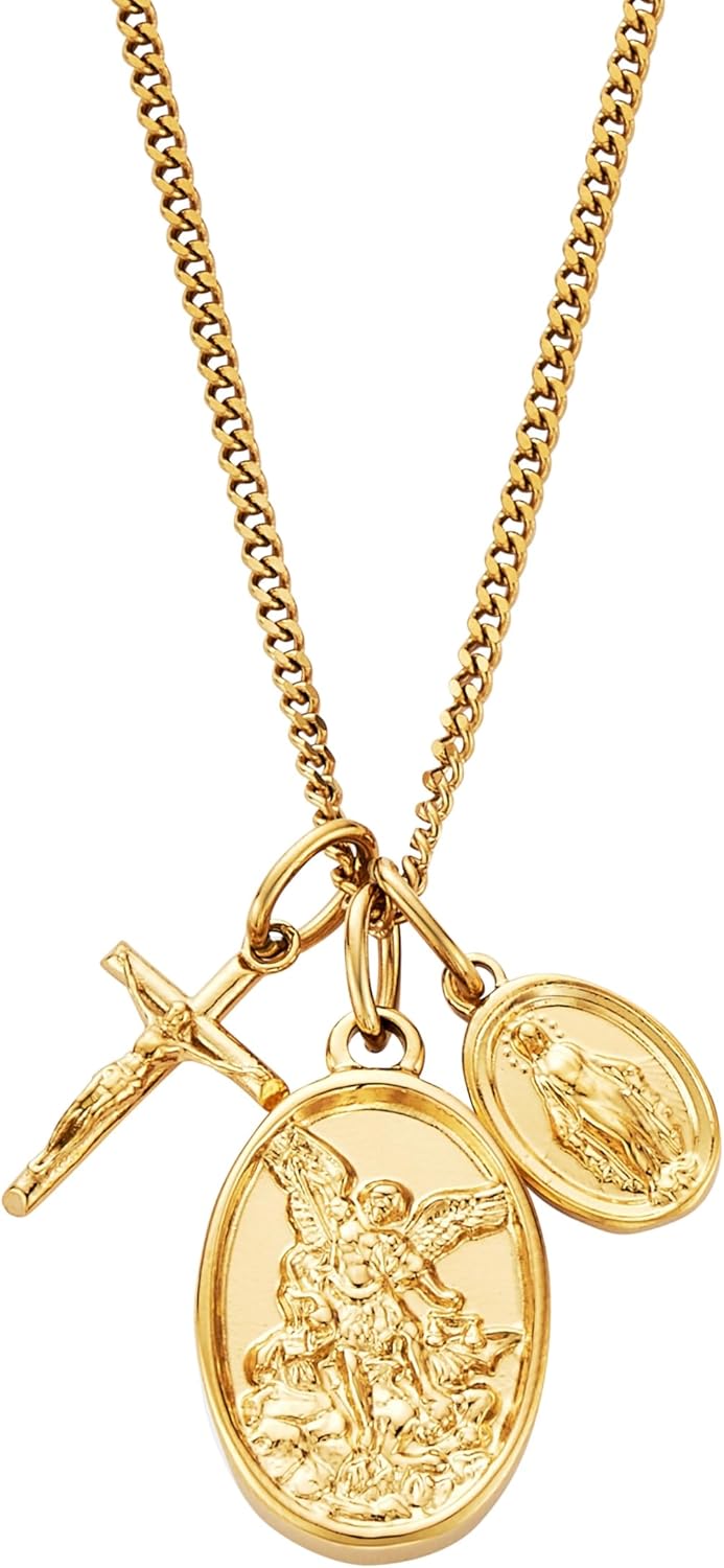 CRAFTD - Jesus & Mary Cross Crucifix Pendant Necklace - Durable 18K Gold & 316L Stainless Steel - 20.5" Cuban Chain - Waterproof, Heat & Sweat Resistant - Gifts for Men - Men's Jewelry