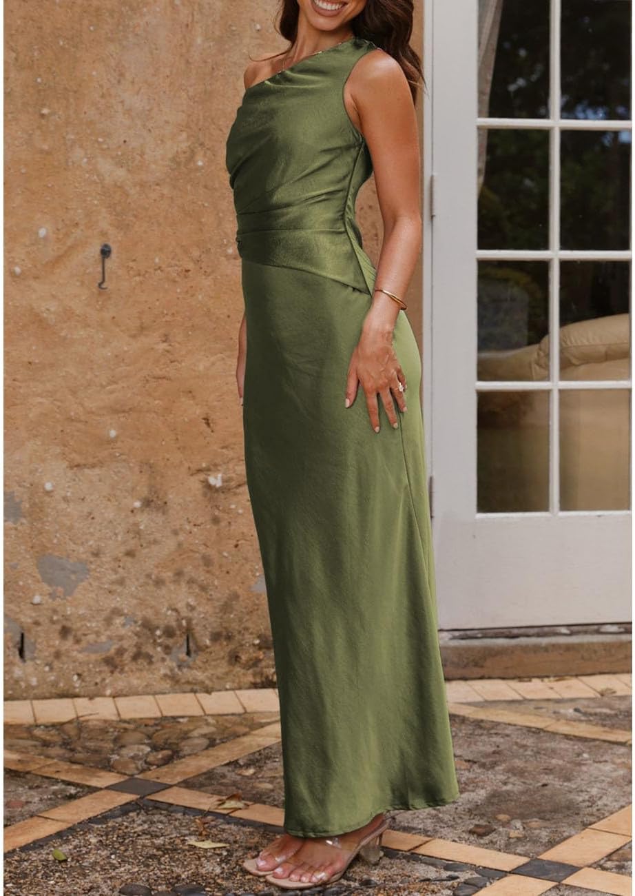 Women's Summer Elegant Satin Off Shoulder Sleeveless Maxi Dress Formal Cocktail Wedding Guest Long Dresses