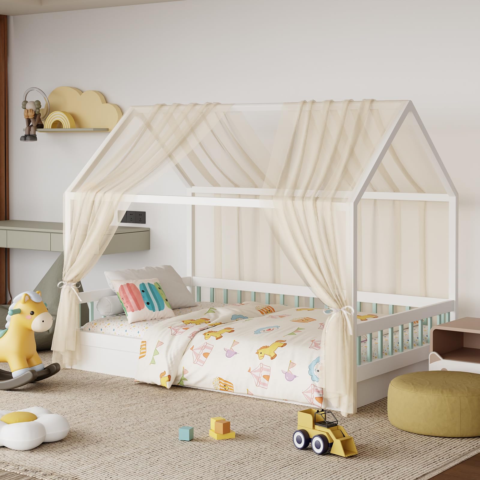 GFCC Hausbett Himmel Set, 2 Stück Betthimmel Hausbett aus Tüll für Hausbett Deko, Himmelbett Vorhänge für Mädchen Jungen Kinderbett Kinderzimmer Deko, 150 x 350 cm Beige