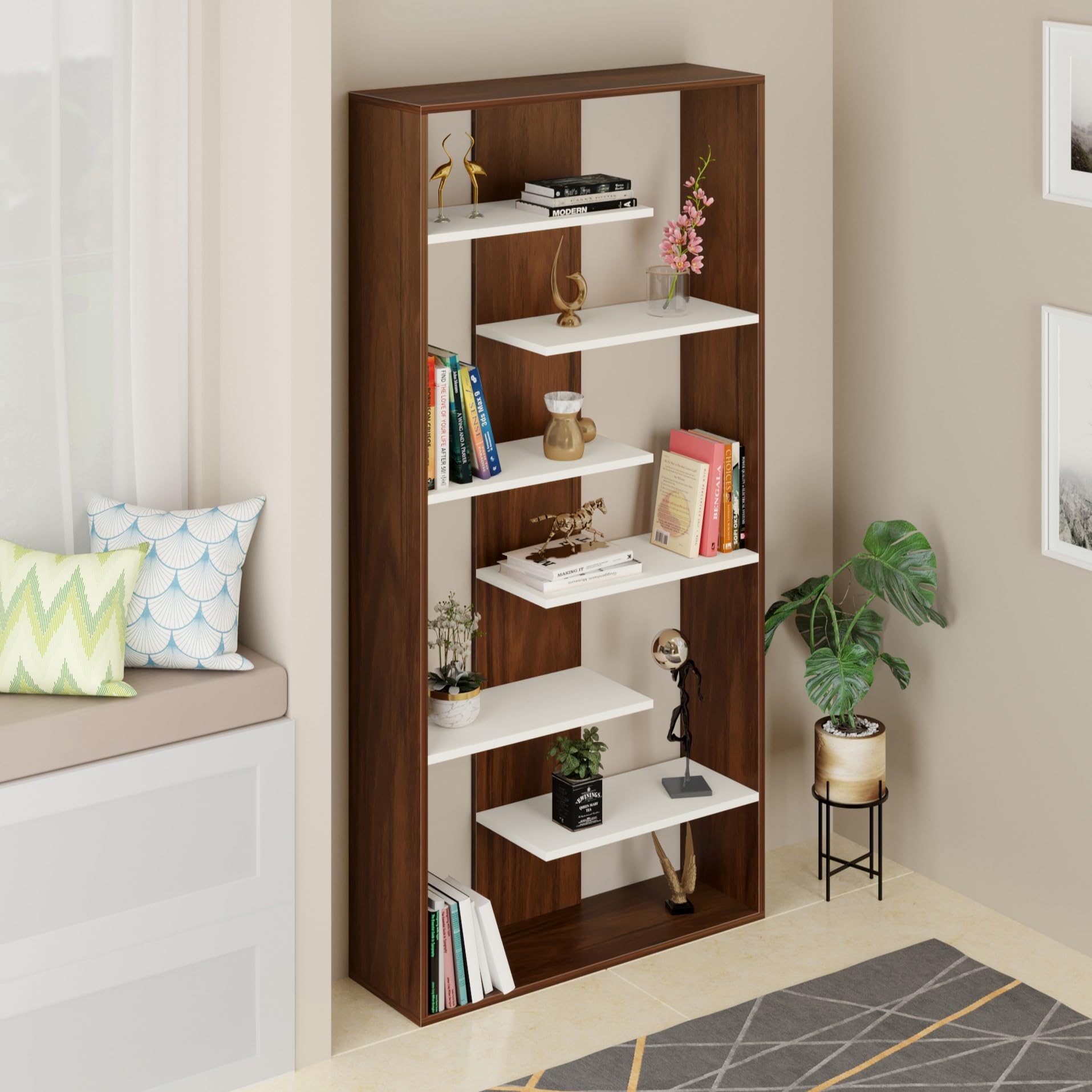 BLUEWUD Maxelle Engineered Wood Bookshelf Cabinet Book Rack Organizer with Shelves for Decor Display, Cabinet Floor Standing for Home Library (Brown Maple & White)-image-21