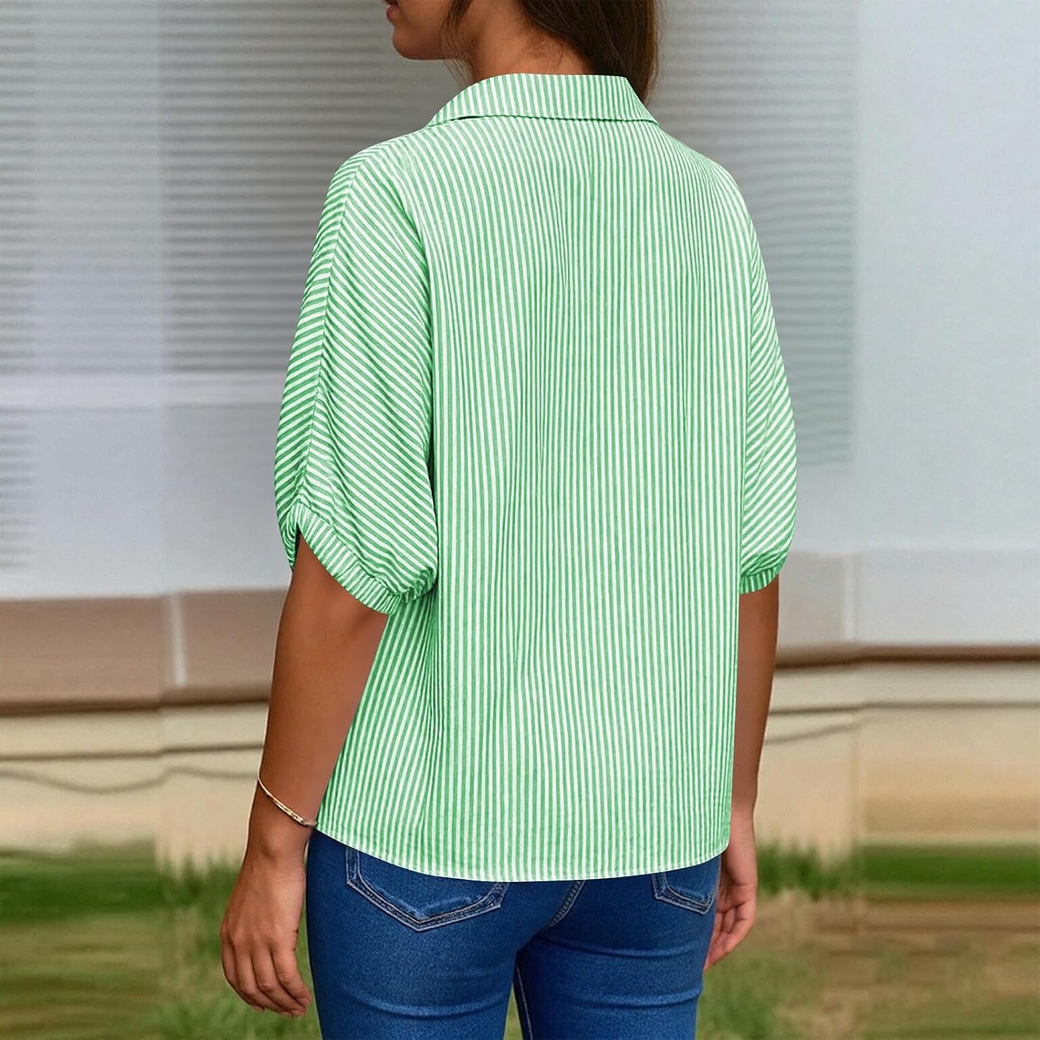 Womens Striped Shirts Patchwork V Neck Puff Sleeve Blouses Casual Loose Fit Color Block Shirts Summer Going Out Tops