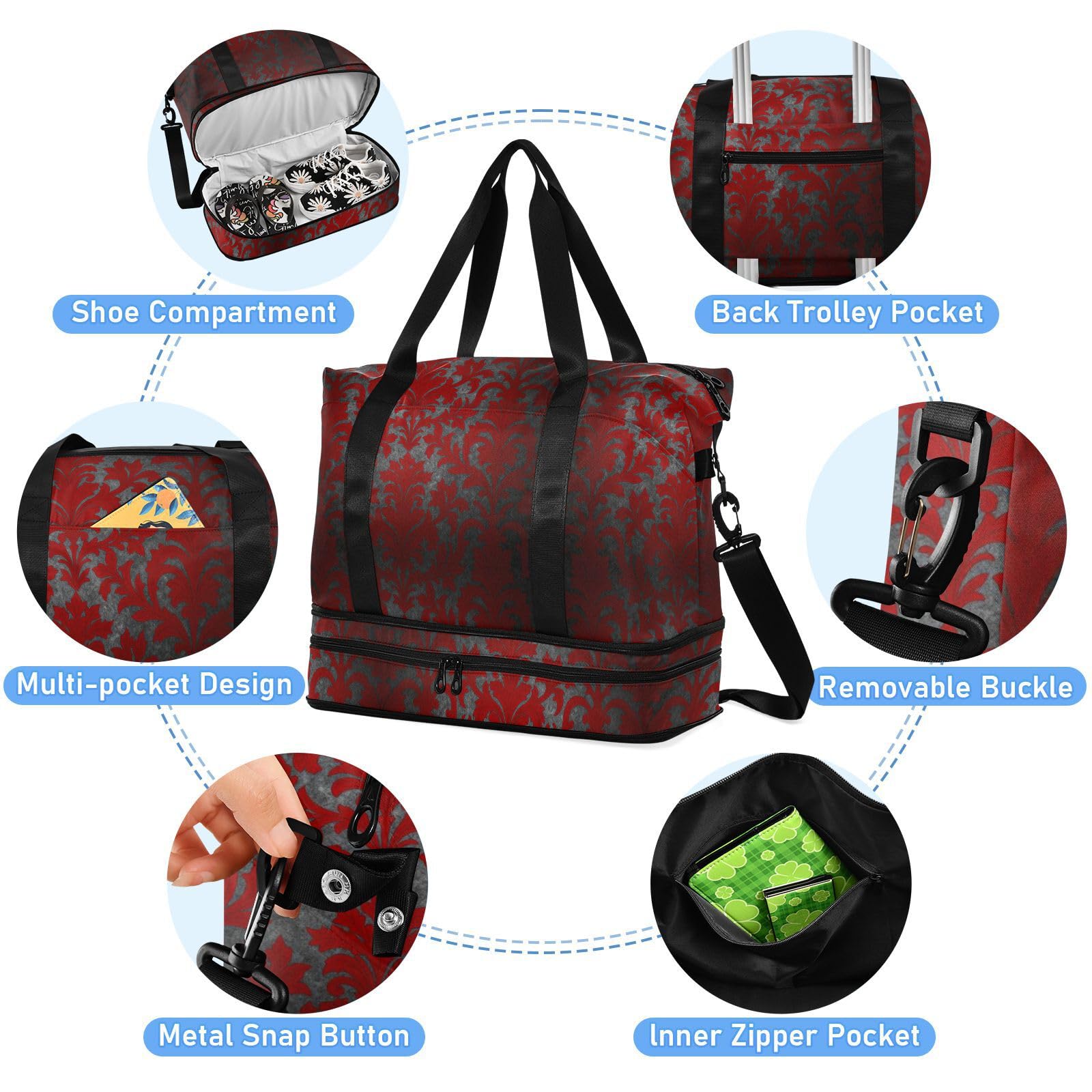 Sac de voyage gothique rouge foncé à motif floral rétro avec poche humide, sangle réglable, sac d'entraînement de sport pour la randonnée, imperméable pour homme et femme