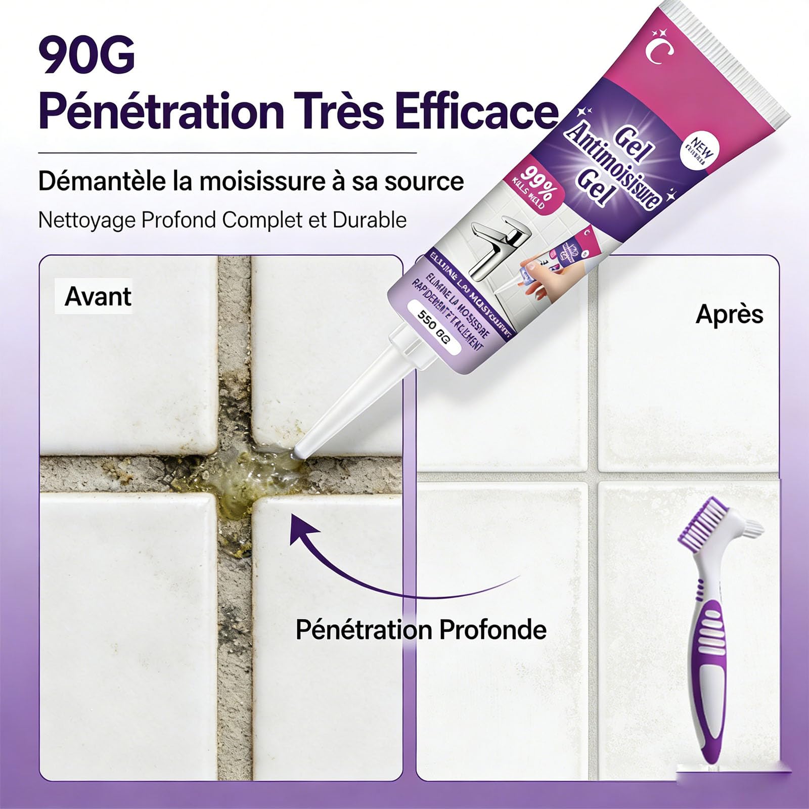 anti-moisissures, nettoyant puissant, magique Extreme Gel, très efficace dans la pénétration, gel de nettoyage des moisissures, nettoie rapidement les espaces de carrelage de salle de bain (3PCS)