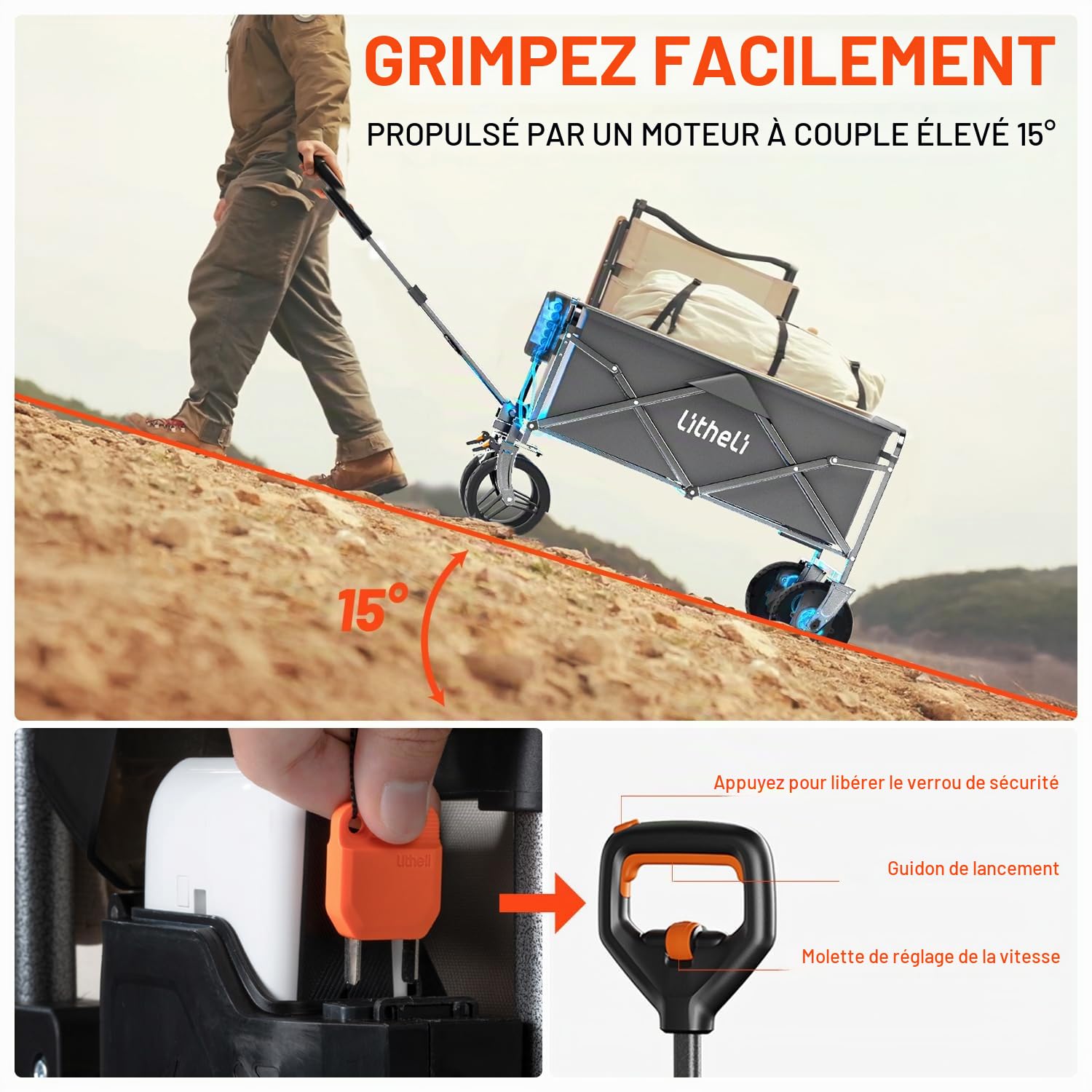 Litheli Chariot électrique Pliable avec Moteur et Freins, 100 l, 50 kg, Convient pour Le Camping, Le Jardin, la Plage, Le Shopping (Noir, W1 Go avec 1 Batterie)