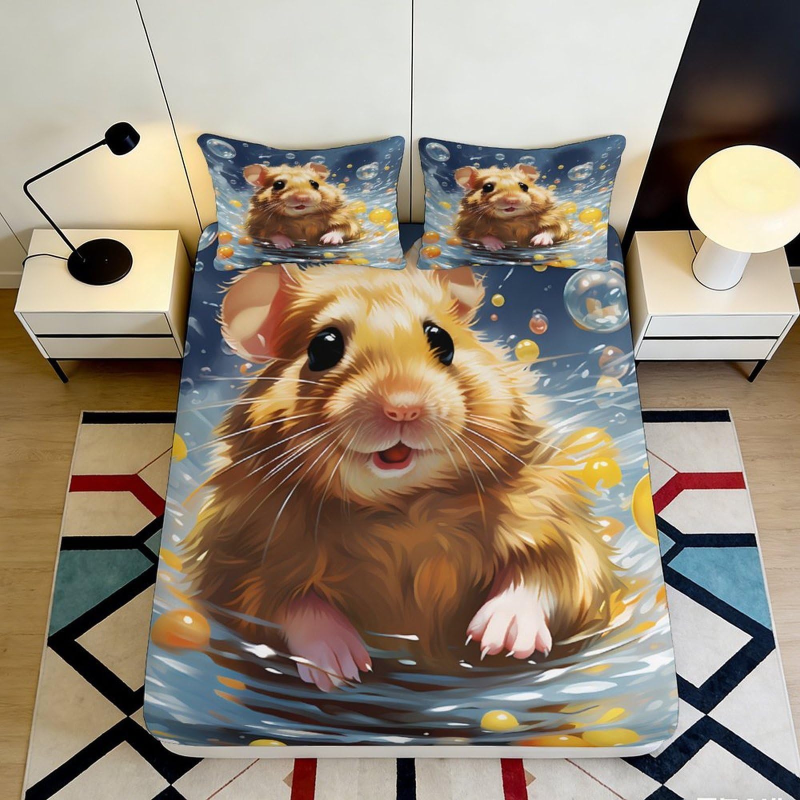 3D Printed Cute Hamster Fitted Sheet Microfiber Deep Pocket Bedroom Hamster Mattress Fitted Cover Non-Slip Washable for Adults Teens 140x200x25cm