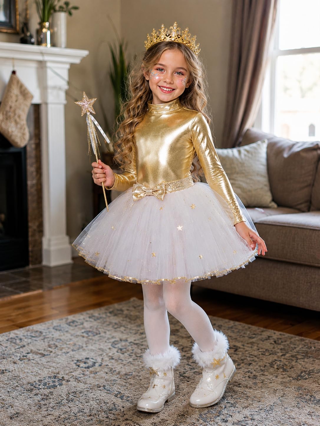 Girls Metallic Leotard Kids Long Sleeve High Neck Unitard Bodysuit for Gymnastics, Dance, Performances, Costumes