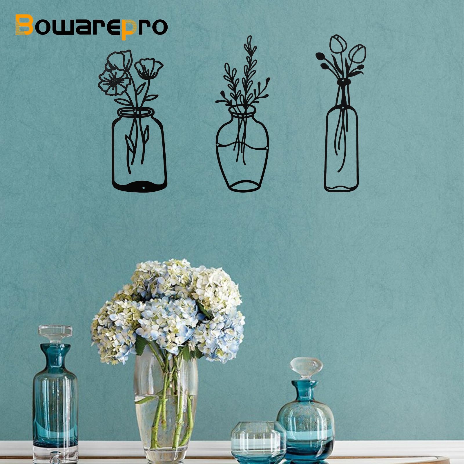 3pcs Decoro Parete Con Fiori In Metallo, Arte Parete Del Vaso Minimalista Decorazione In Ferro A Filo Nero Scultura Da Parete Floreale Per Balcone Soggiorno Camera Da Letto Sala Da Pranzo - 5