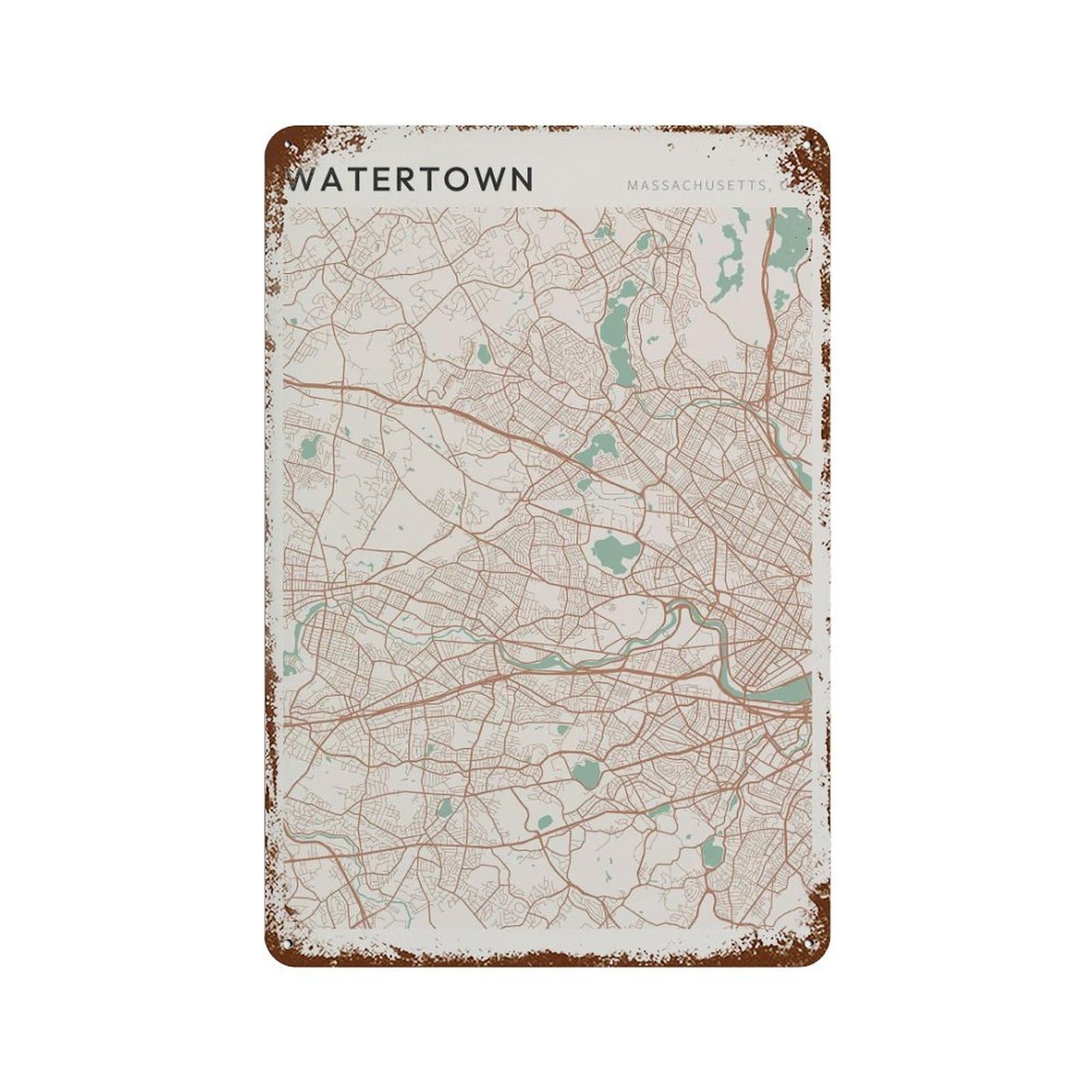 xiaoxiaoshen Watertown Map Massachusetts Travel Gift Minimalist Wall Decor Art Metal Tin Poster Modern Home Decor Art Home Bar Shop Decorations Vintage Sign 30x20cm