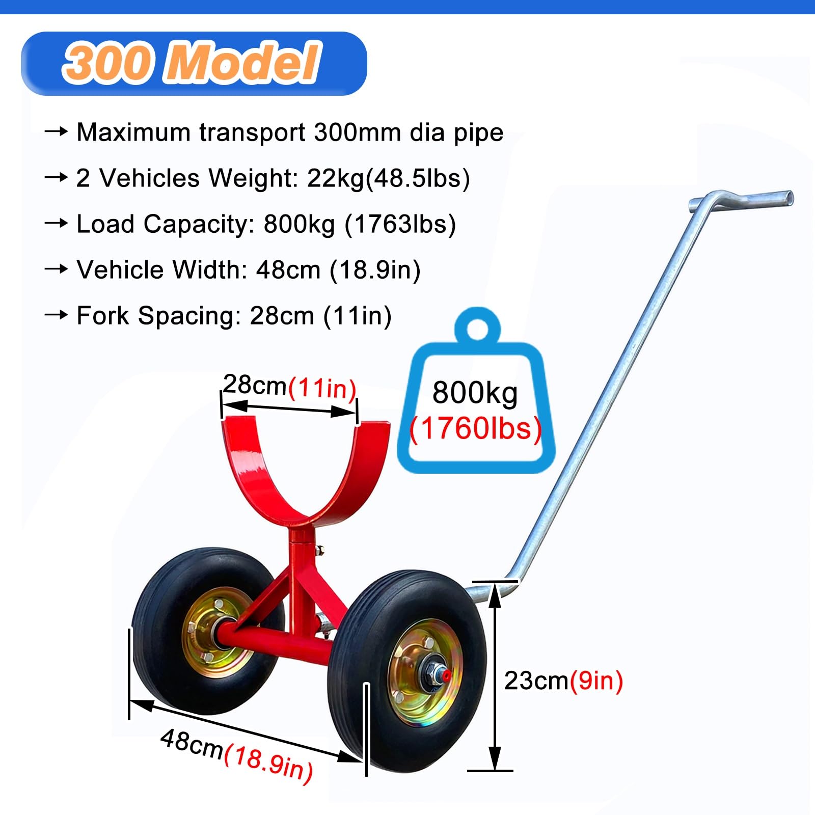 Carro de Paneles Carros Para Mover Tuberías, Carro Transportador De Tuberías Con Ruedas Y Asa Ergonómica, Capacidad De Carga De 800/1000 Kg.(28cm(11in))