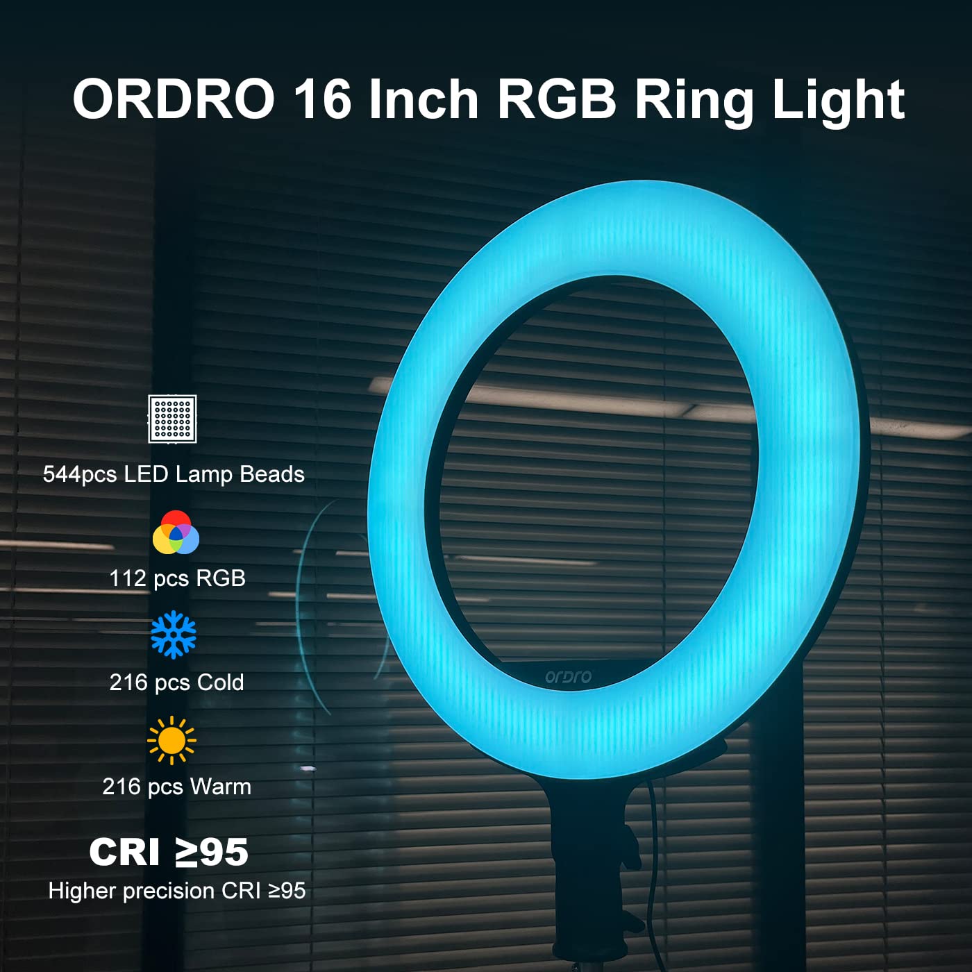 ORDRO Ringlicht mit Stativ, 16 Zoll Selfie Ringlicht mit 74 Zoll Stativ Ständer Bluetooth-App zur Unterstützung mehrerer RGB-Lichtmodi, 2600 K ~ 10000 K einstellbare Farbtemperatur