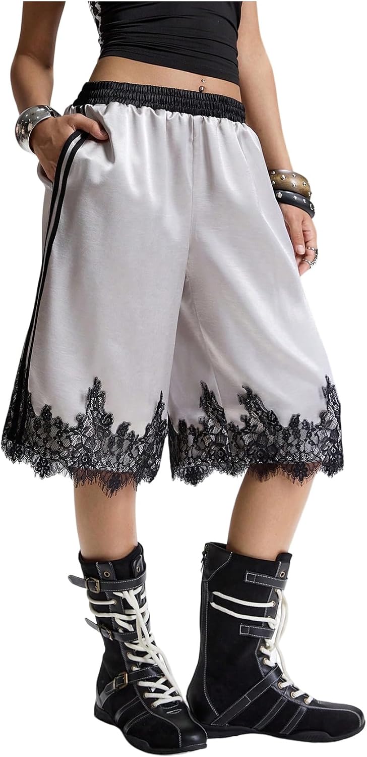 Floerns Women's Y2k Lace Bermuda Shorts Elastic Waist Wide Leg Going Out Satin Shorts