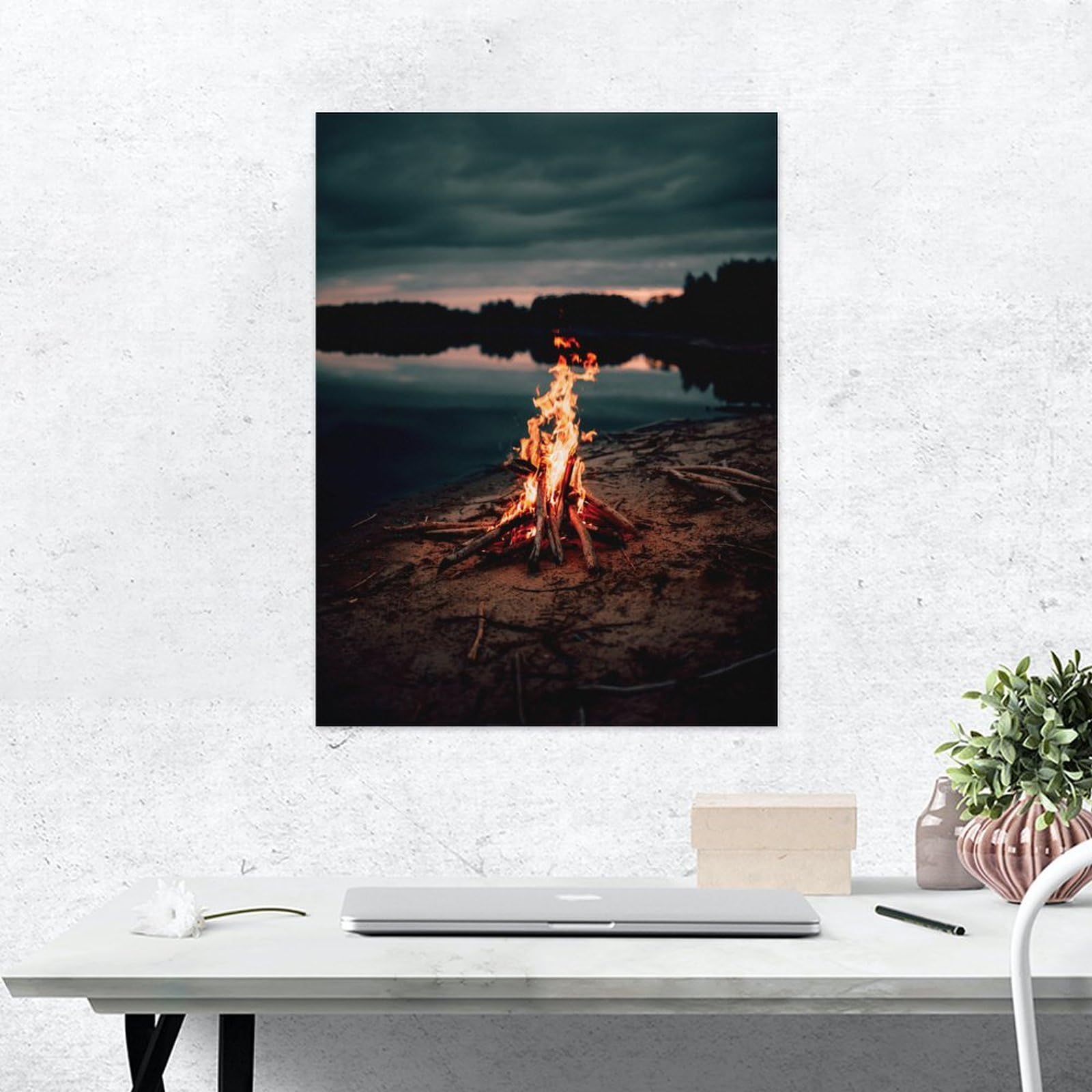 Amazon.co.jp: 絵画 夜の湖畔でキャンプファイヤーインテリア 絵画