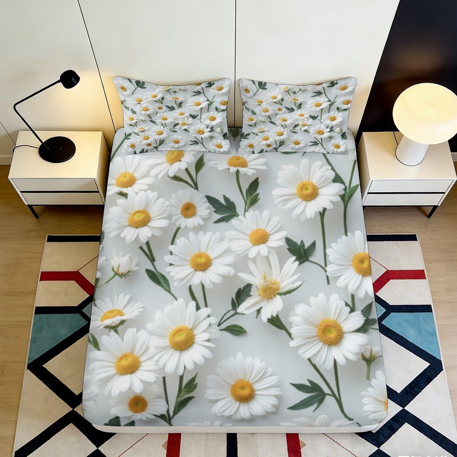 Pnayamiorkfel Style-1 3D Printed Daisy Bloom Fitted Sheet Microfiber Soft Breathable Mattress Cover White Floral Decor For Bedroom Dorm 90X200x25cm