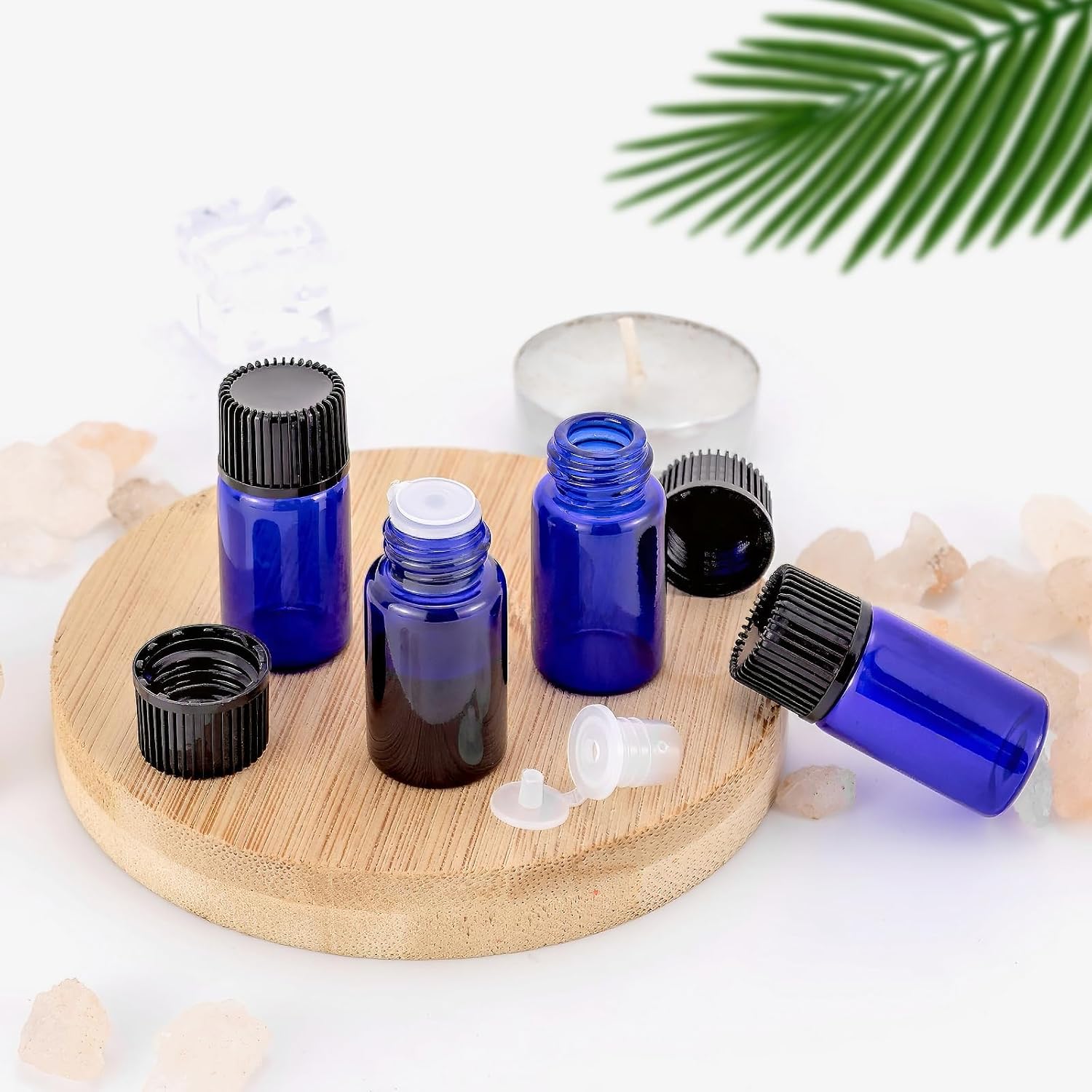 Kesell 50Pcs 3ml Blue Essential Oil Bottle, Mini Glass Sample Bottles with Orifice Reducer and Black Screw Caps for Essential Oils, Perfumes