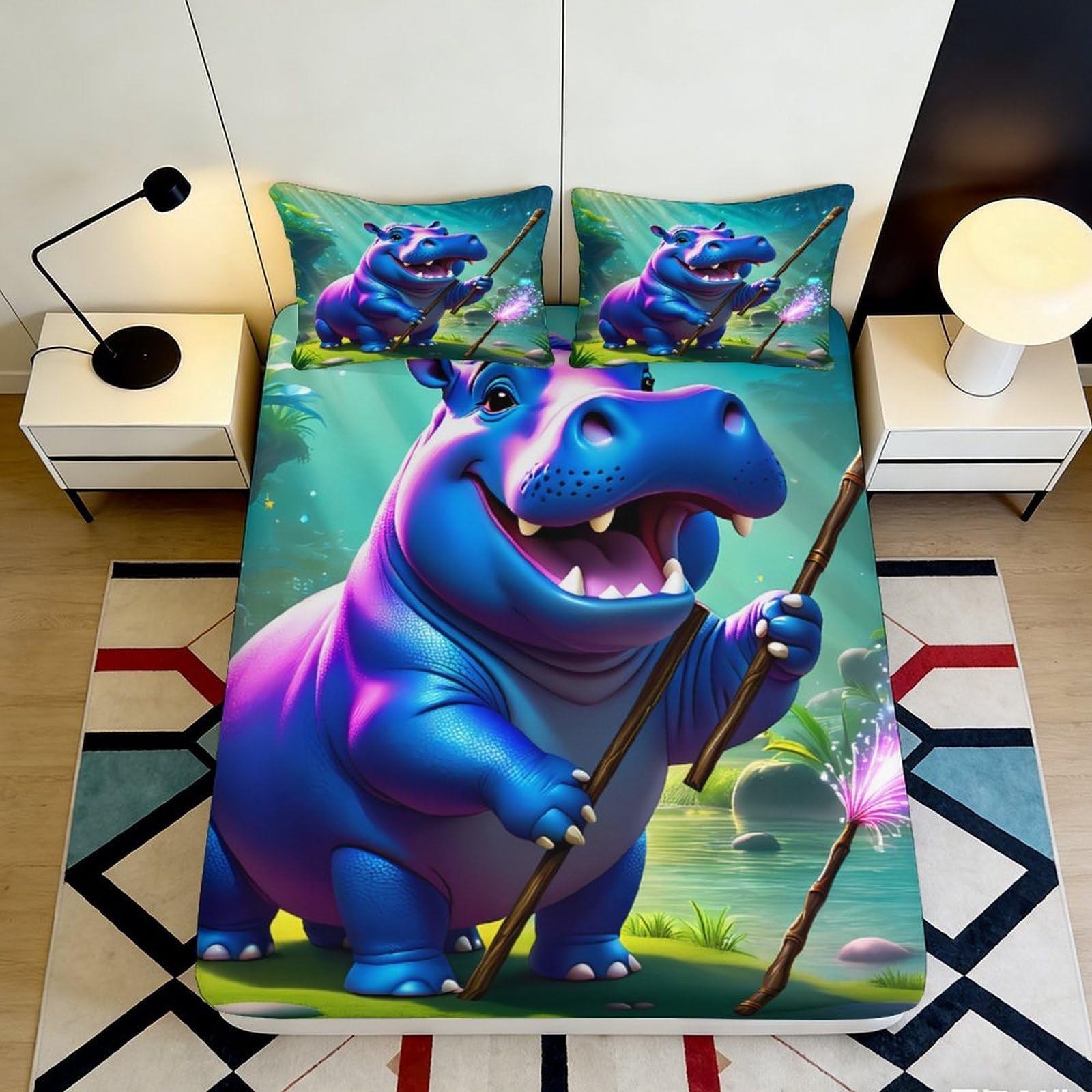 Jqzkxnhpbr Style-5 3D Printed Cartoon Hippo Fitted Sheet Microfiber Colourful Animal Bed Cover For Bedroom Guest Room Mattress Decor 90X200x25cm